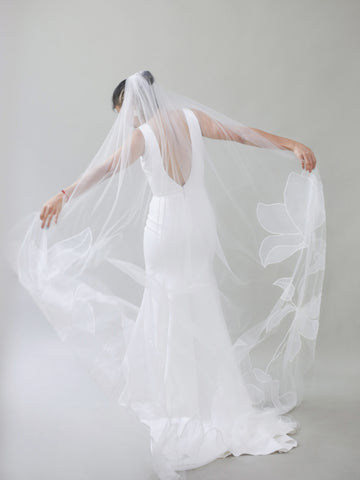 Back view of Kaitie cathedral length floral embroidery wedding veil
