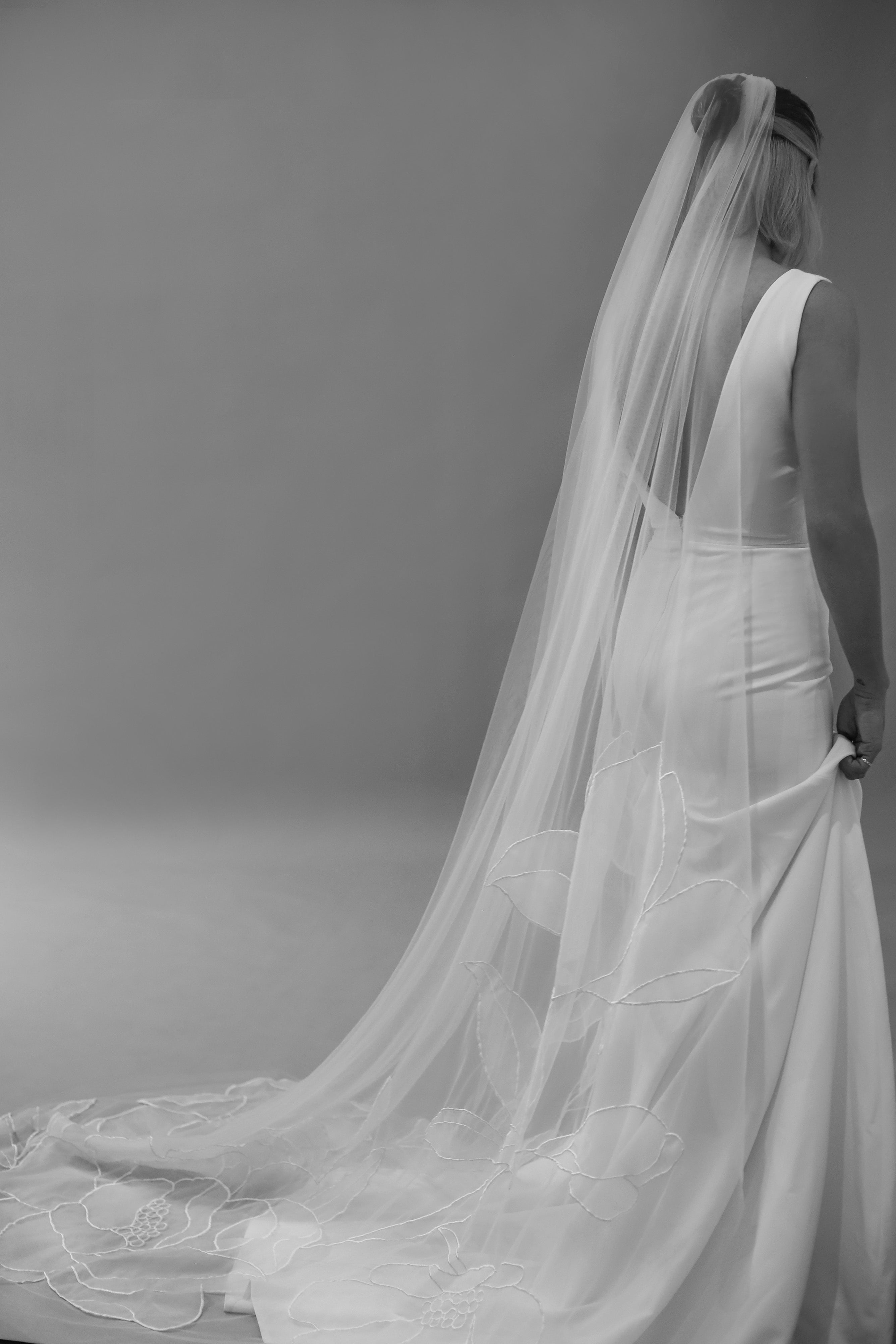 Cathedral embroidery floral veil Kaitie design from back side 