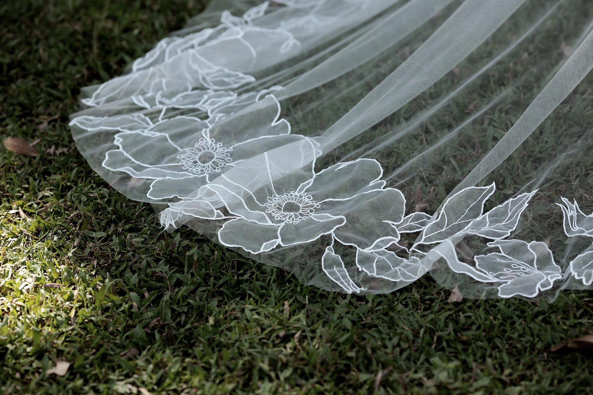 ground picture of SOPHIA | Cathedral organza floral veil
