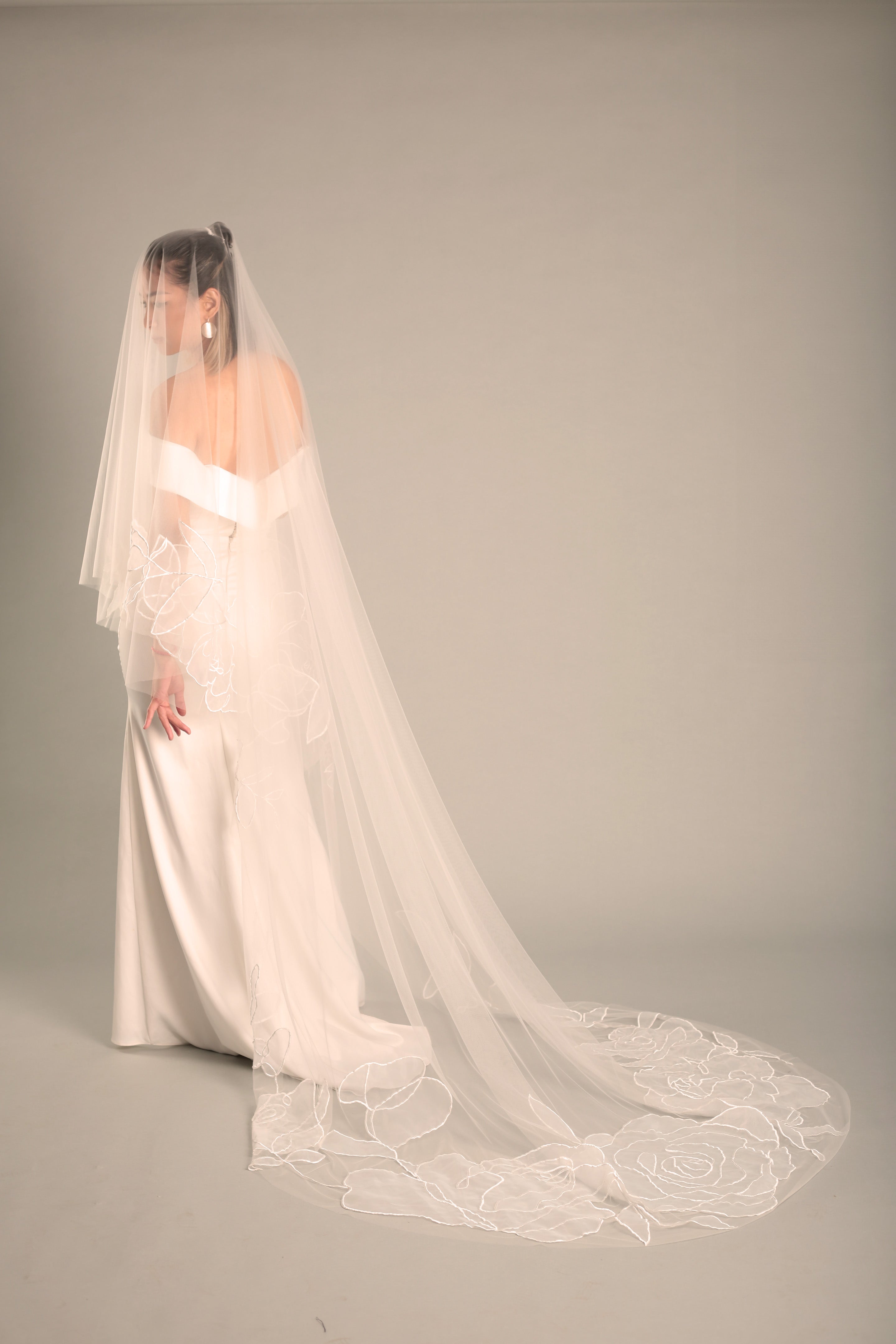 Bridal drop chapel length veil Rosie design with floral accents