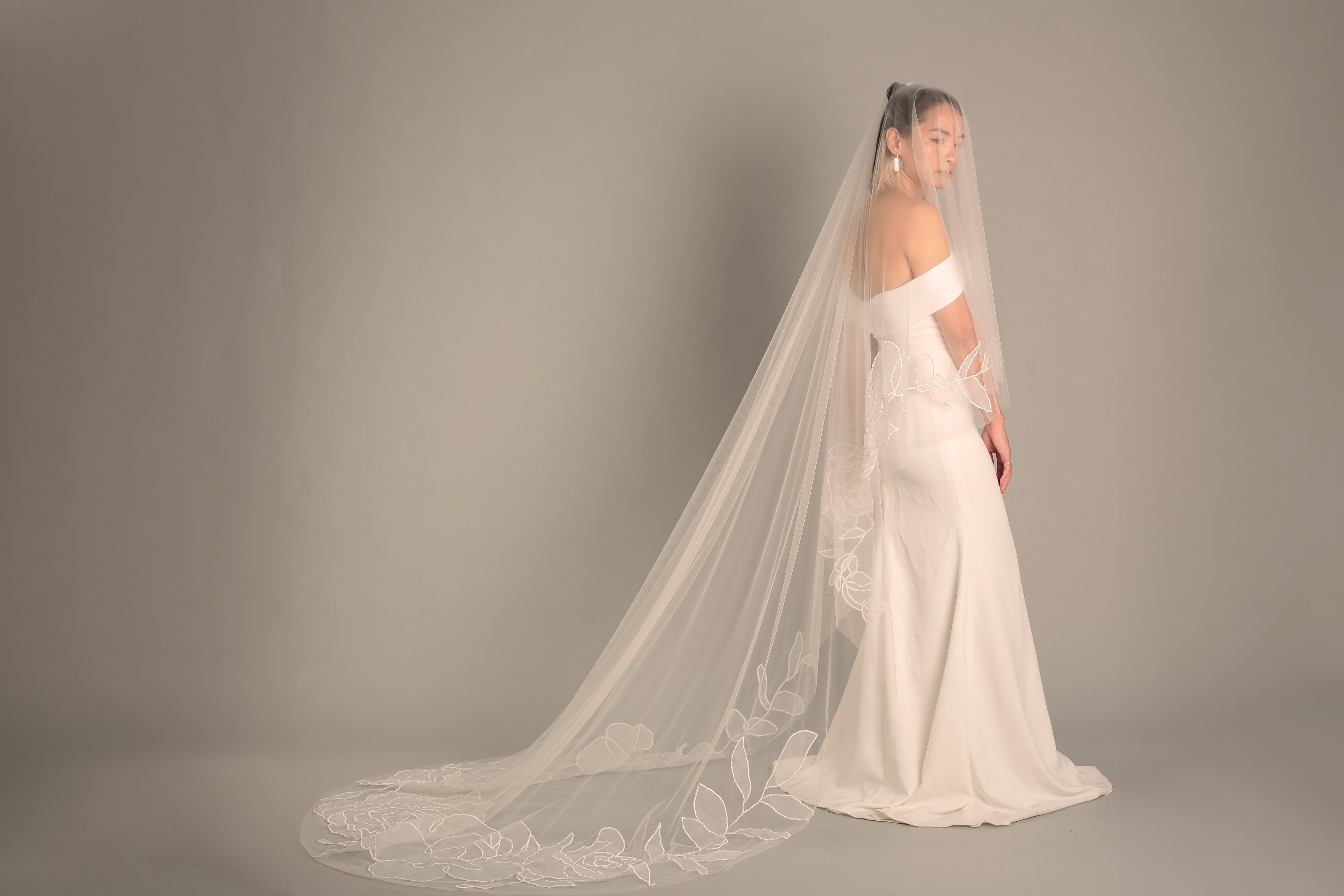 Romantic Rosie drop chapel organza floral veil for weddings
