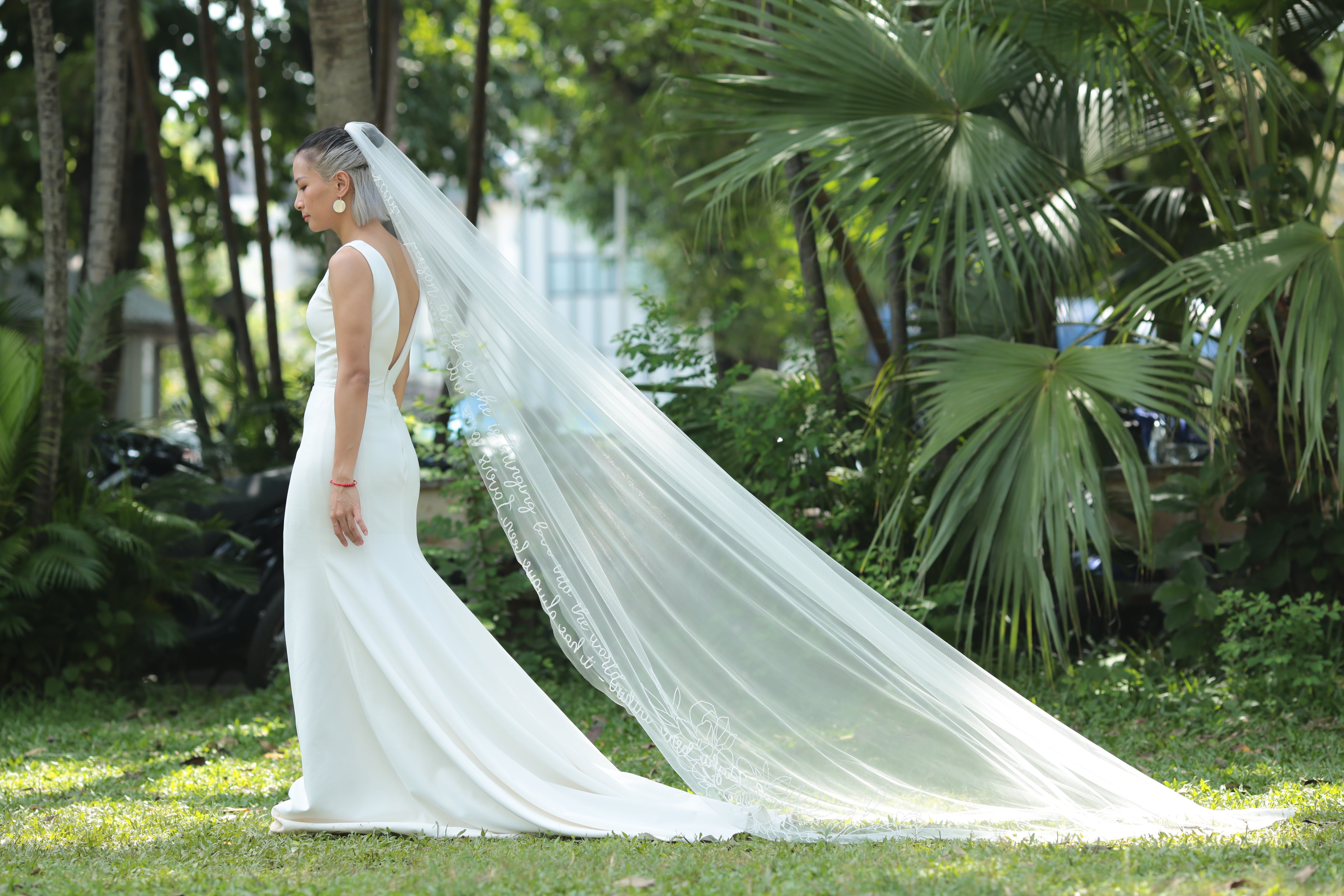 side view of KRISTEN | Beaded floral wedding veil with quotes
