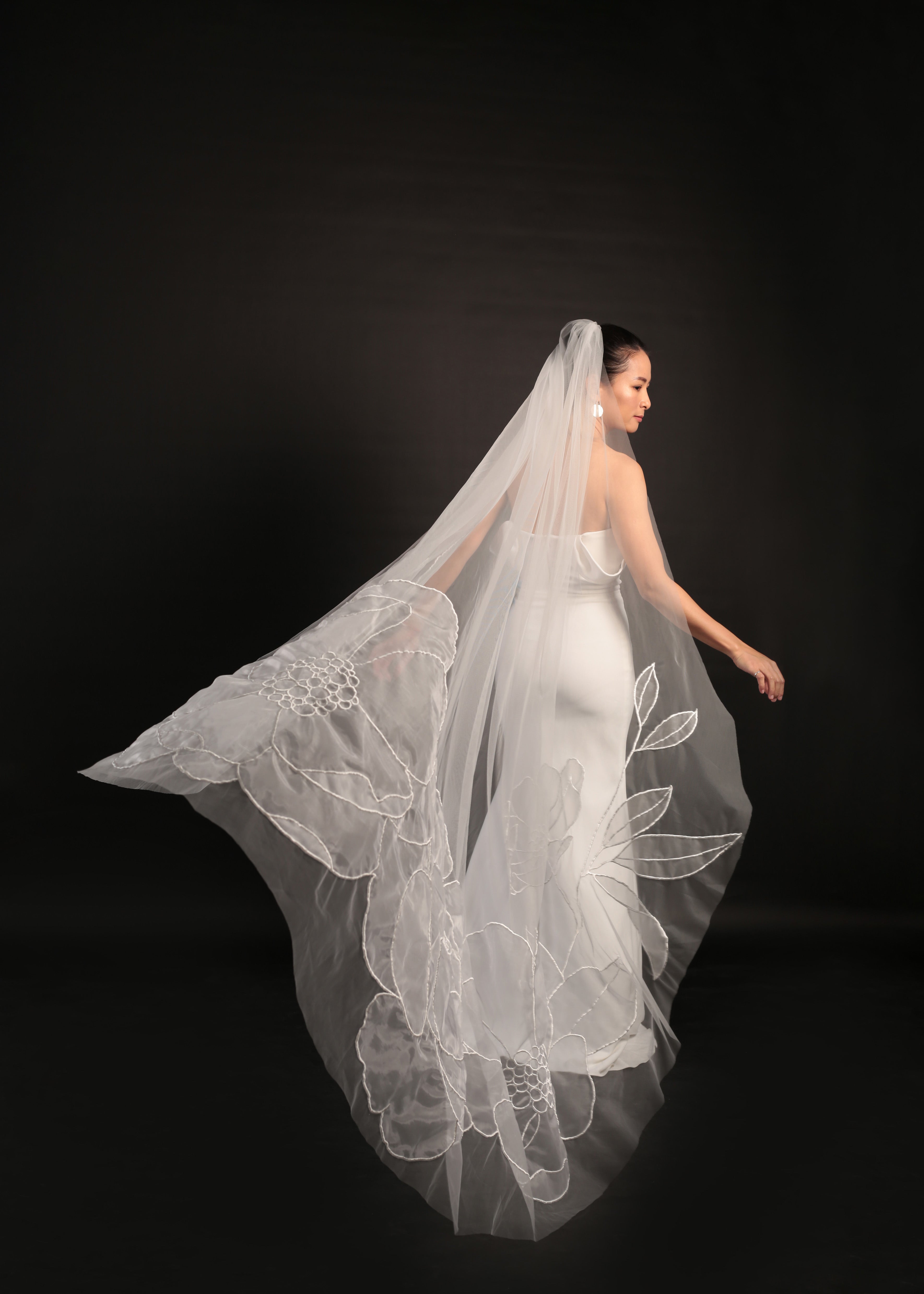 Lilly organza floral veil design from styled right side behind