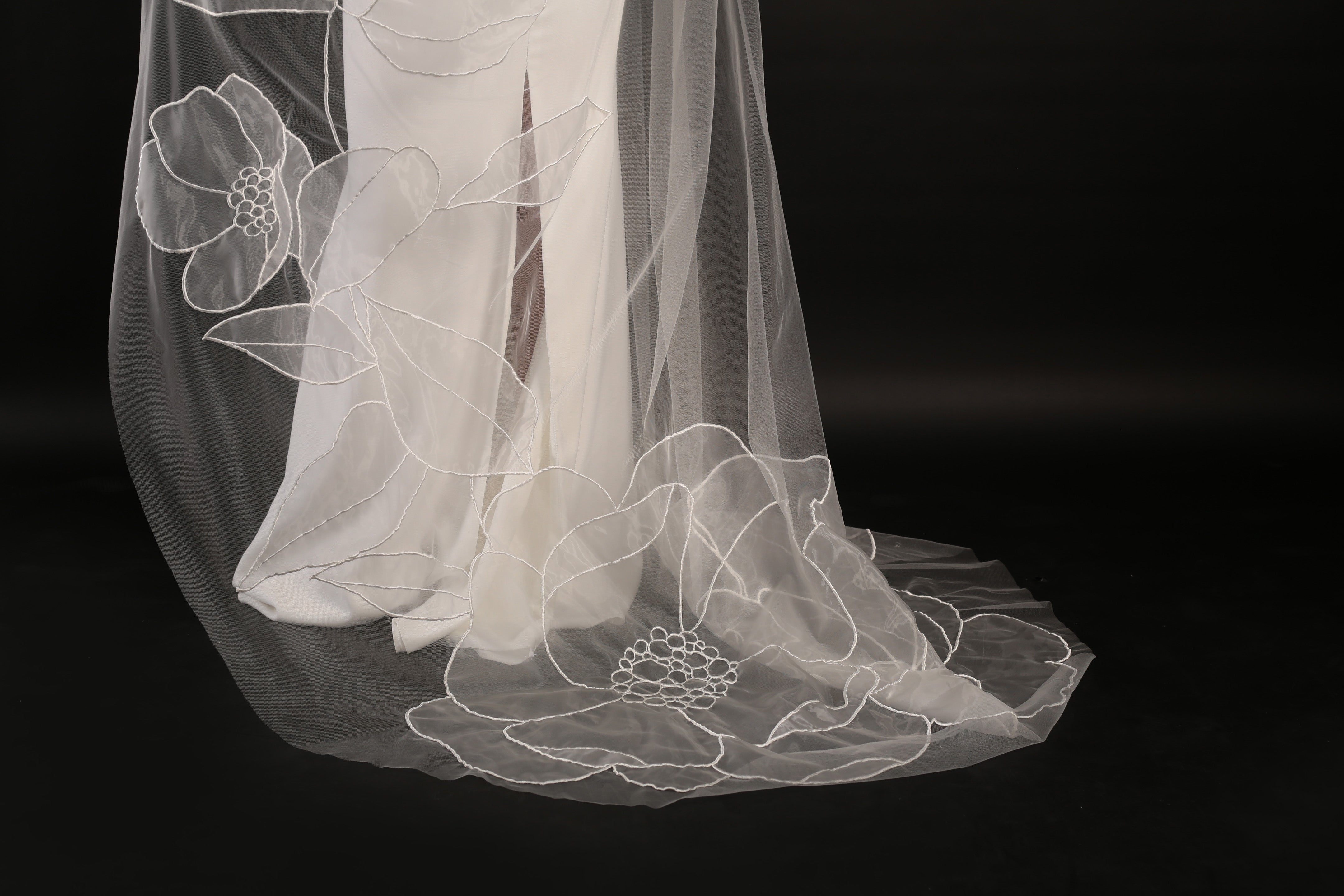 Lilly organza floral veil design from down side front