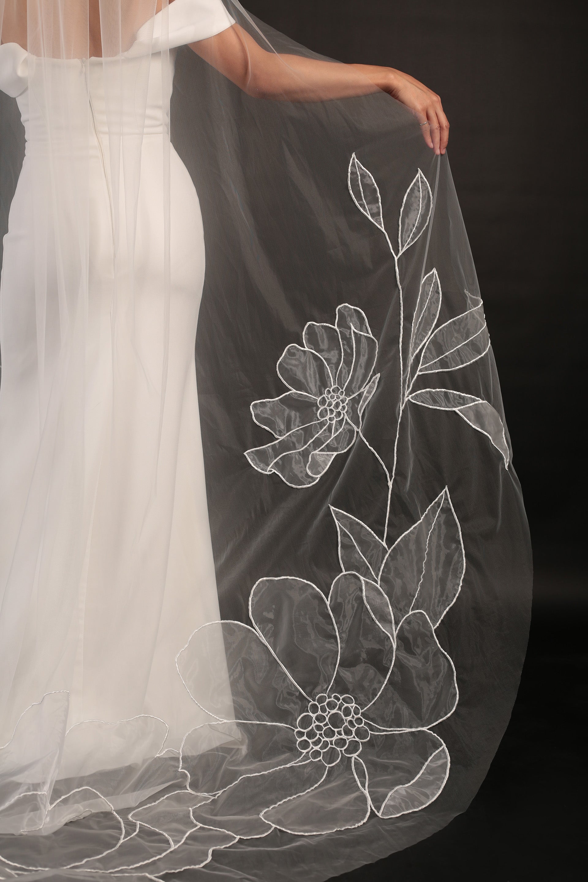 Back view of Lilly organza floral wedding veil