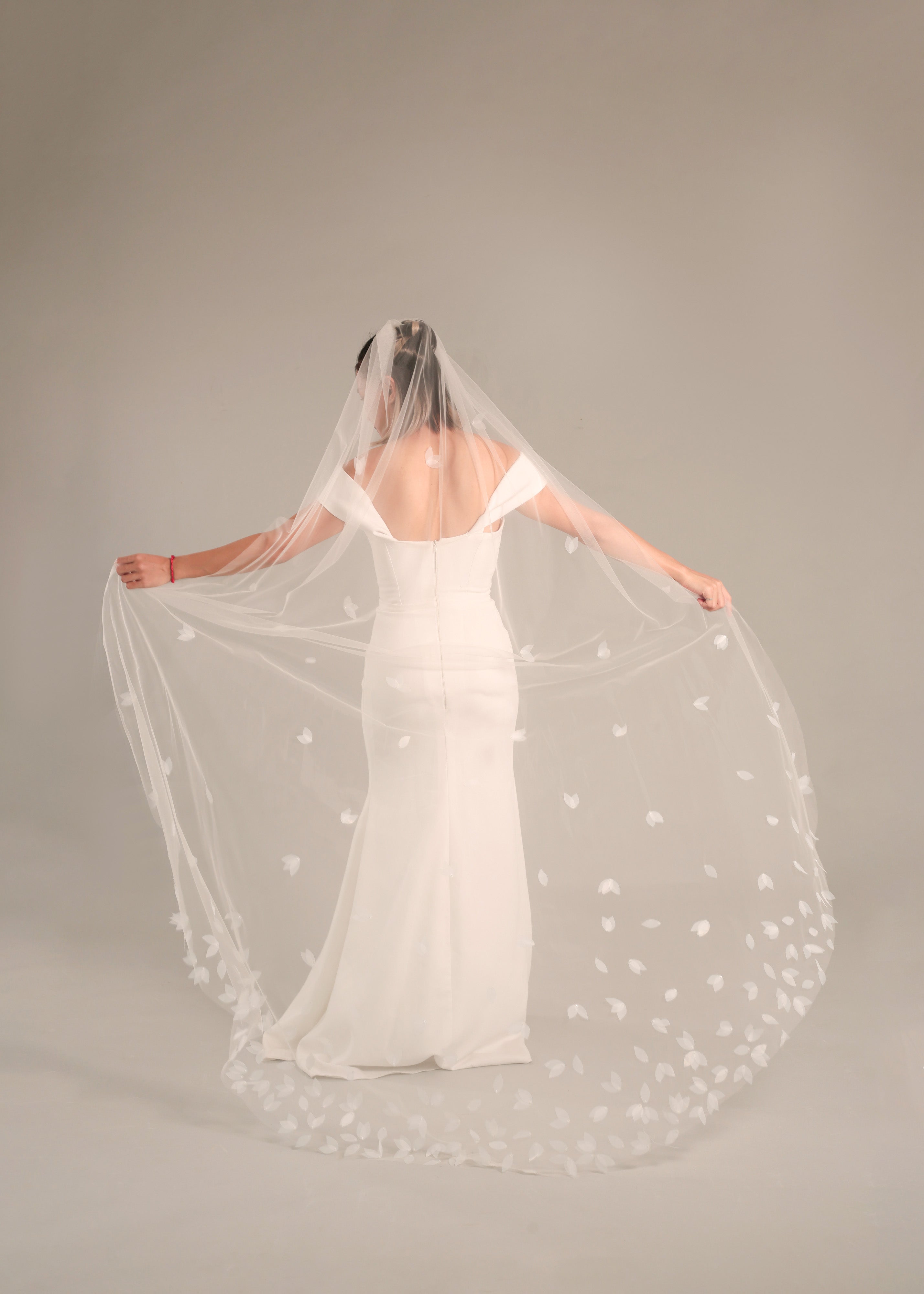 Full backside picture of SADIE | Petal chapel veil, 3D petal veil
