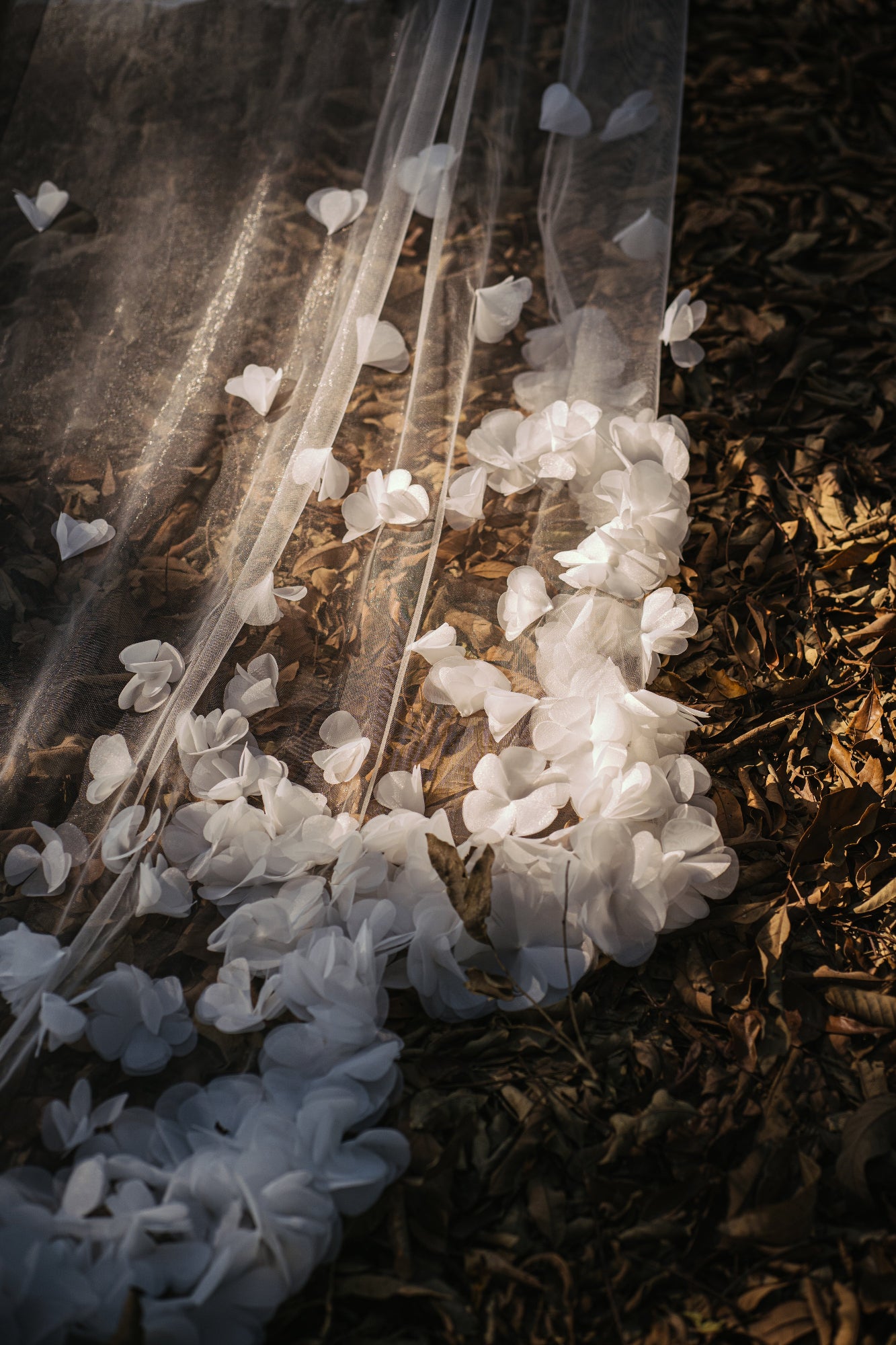 Bella 3D floral wedding veil, ivory tulle, clump of flower petals design, cascading to a scallop-shaped train.