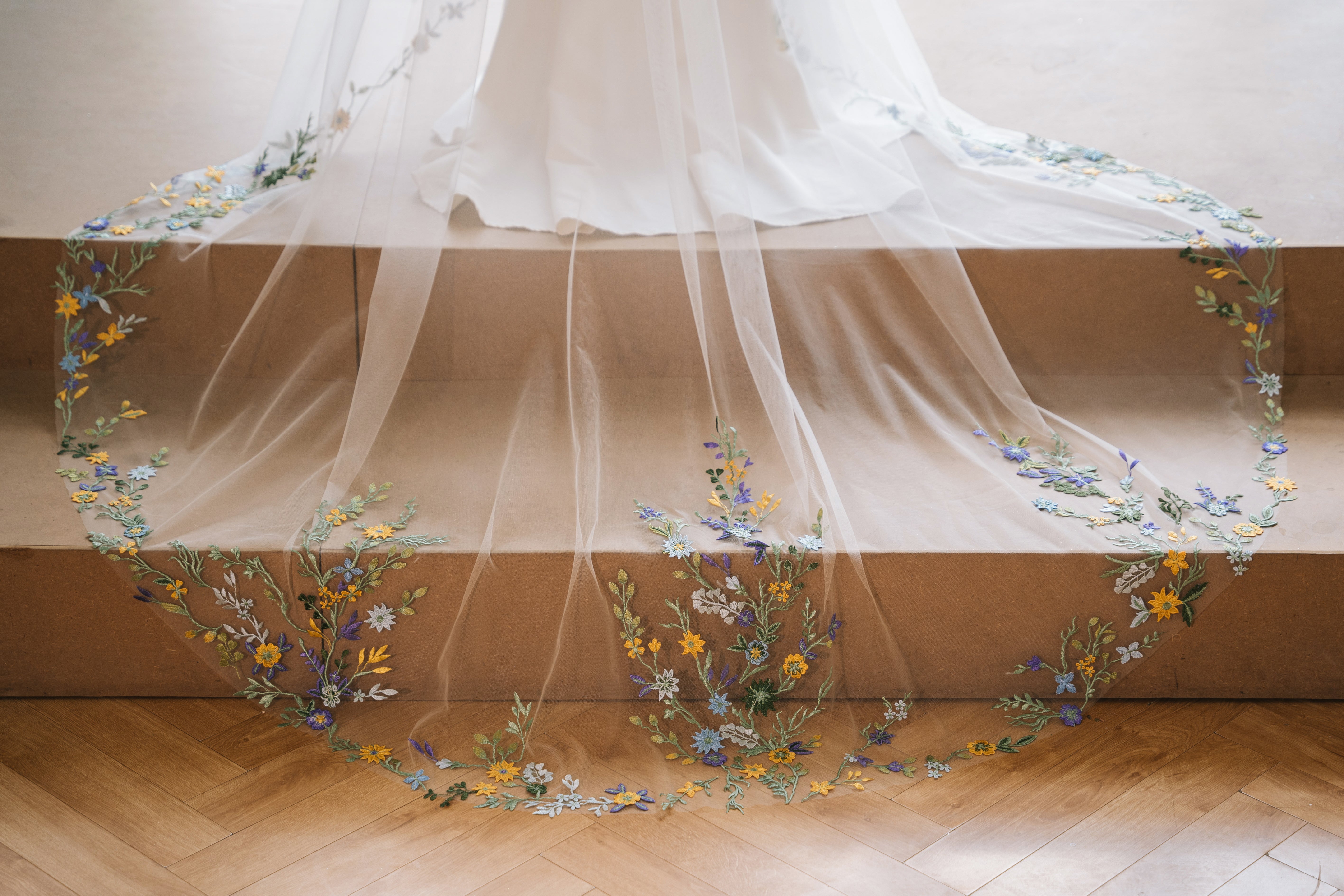 Cathedral length floral colorful lace-edge embroidery wedding veil, suitable for garden, outdoor, natural, rustic, bohemian style