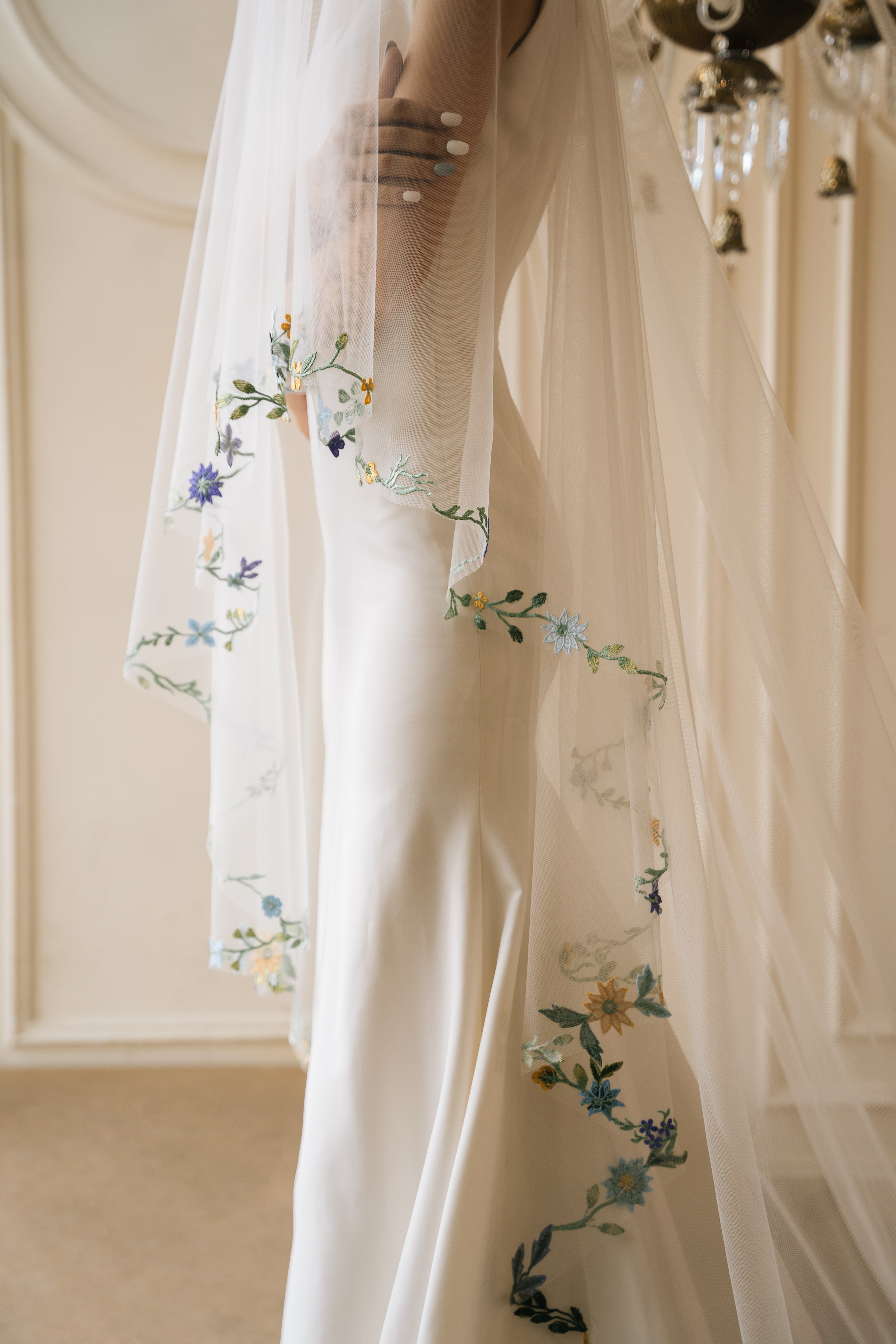 Cathedral length floral colorful lace-edge embroidery wedding veil, suitable for garden, outdoor, natural, rustic, bohemian style