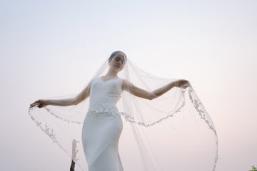 Romantic chapel-length lace-edge floral embroidery wedding veil with blusher, suitable for garden, outdoor, natural, rustic, bohemian style