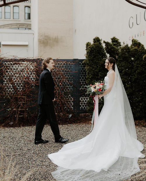 Bride Anna Dietrich with a roses and peonies beaded embroidery royal cathedral 130 inch length wedding veil outdoor garden