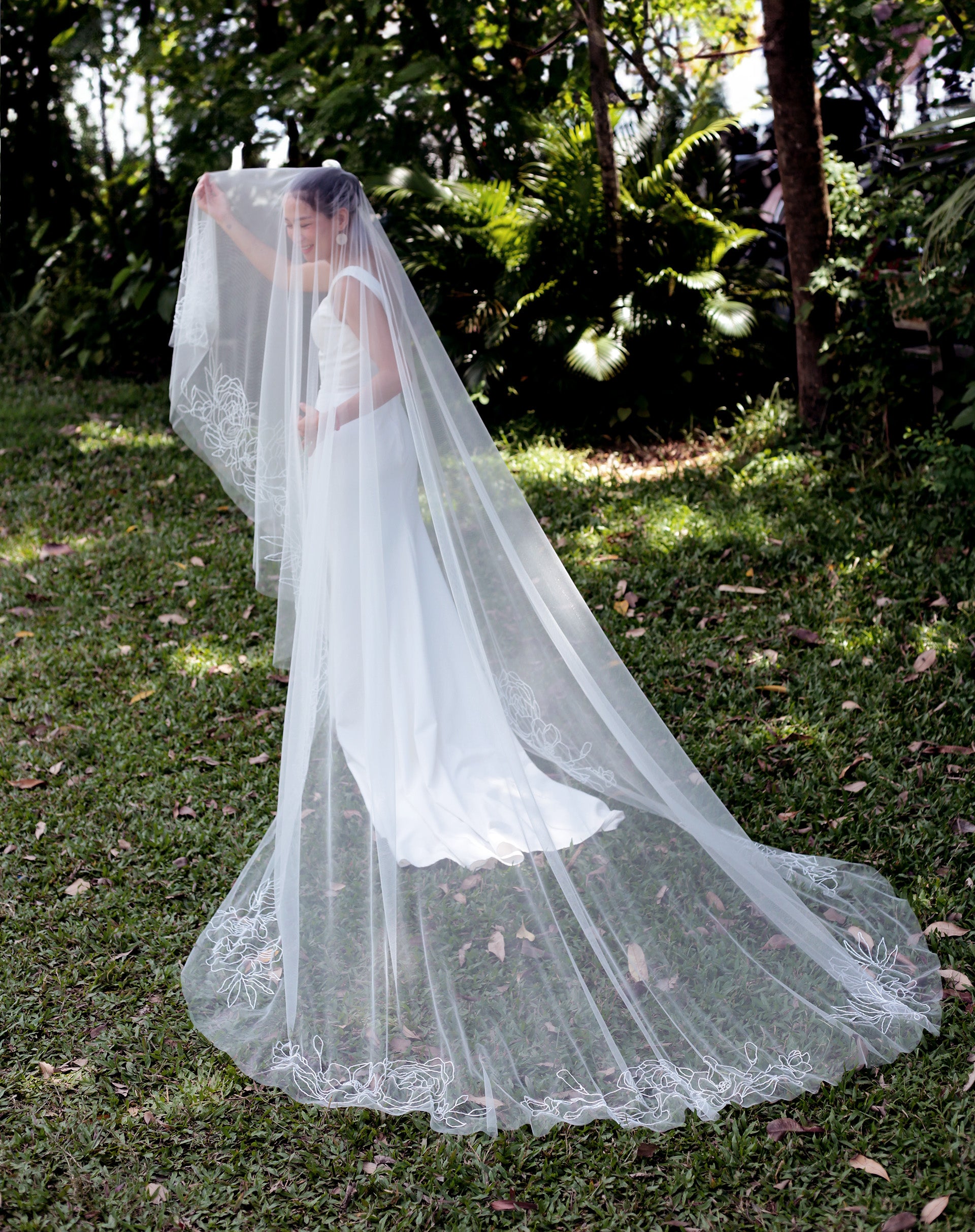 Sparkling intricate beaded roses and peonies veil, cathedral length

