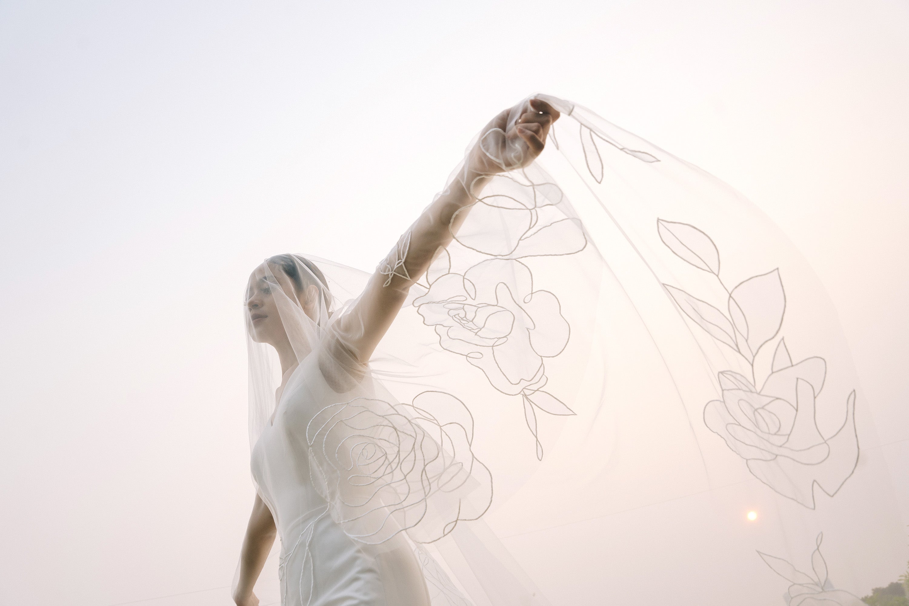 Minimal rose embroidered floral cathedral wedding veil, elegant rose flower design