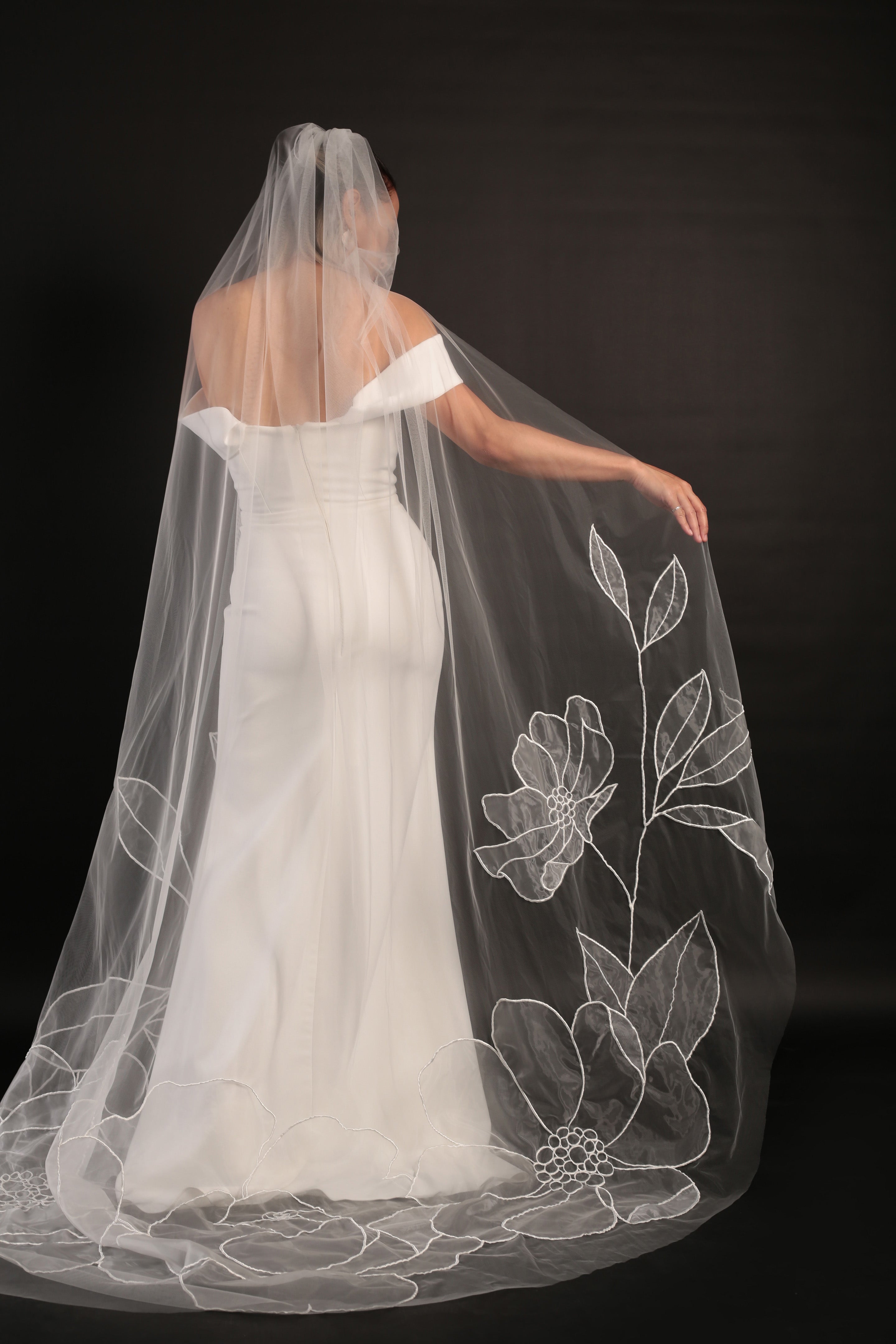 Romance botanical lilly floral design, cathedral-length, soft organza tulle, Anemone, Peony, and Cosmos 