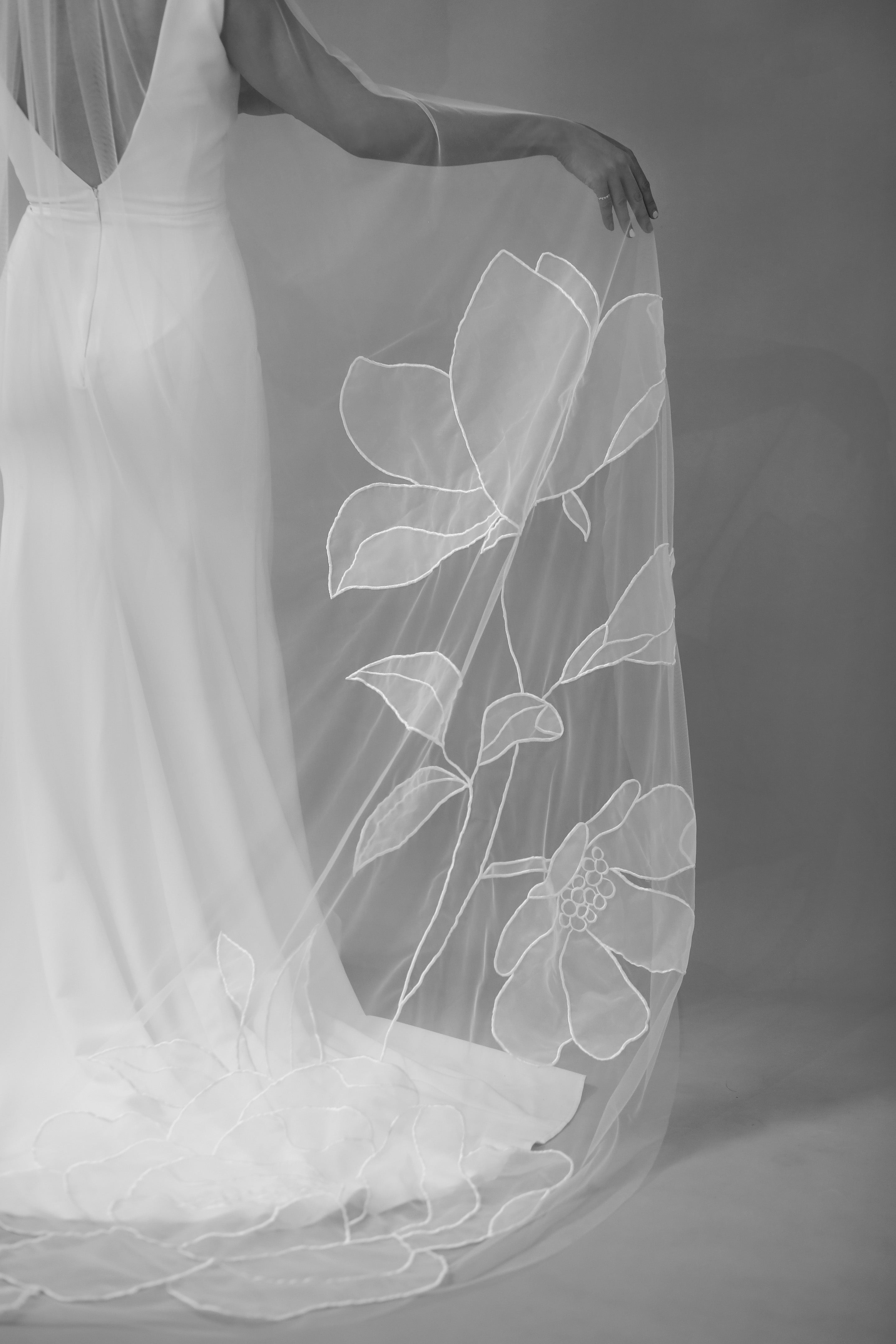 Kaitie chapel length wedding veil with embroidered peony and cosmos flowers, tulle and organza fabric