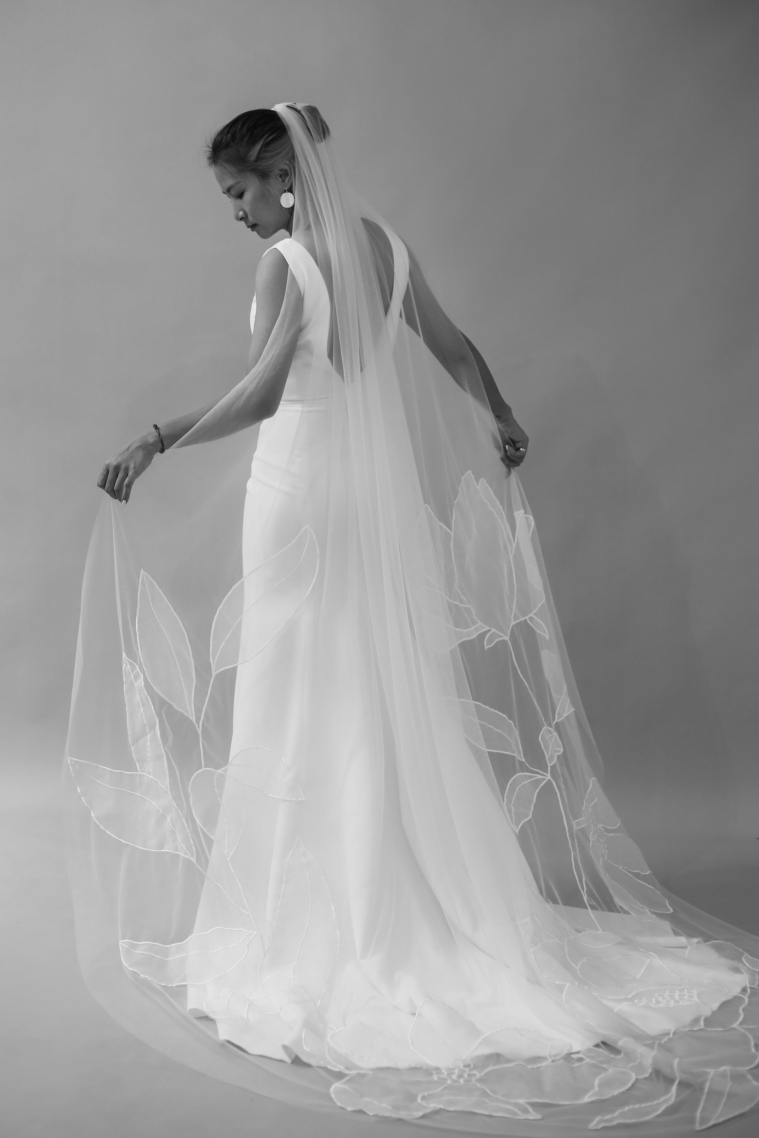 Kaitie chapel length wedding veil with embroidered peony and cosmos flowers, tulle and organza fabric