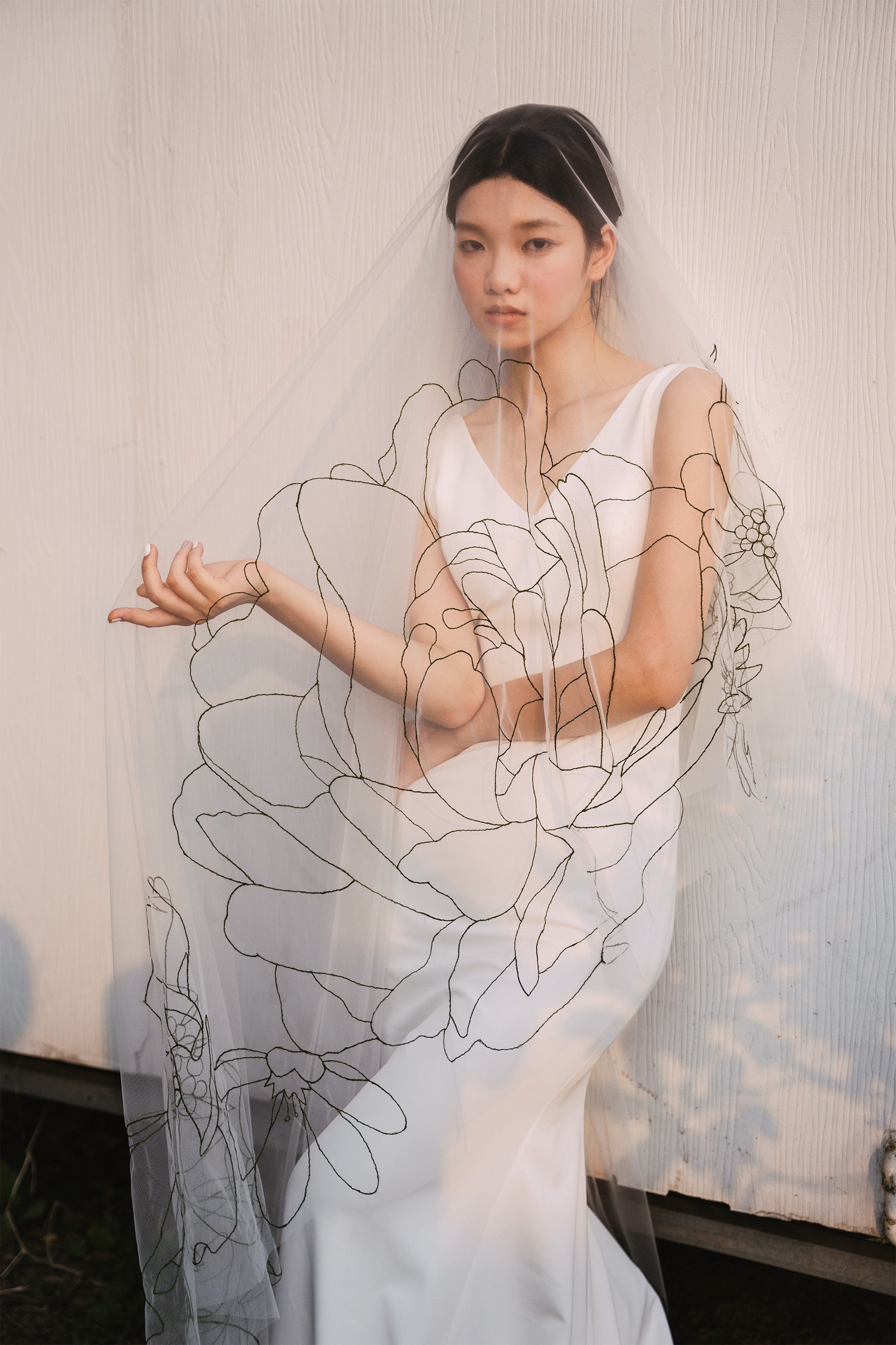 Modern minimal dark green lines embroidery peonies and wildflowers chapel wedding veil, suitable for beach wedding