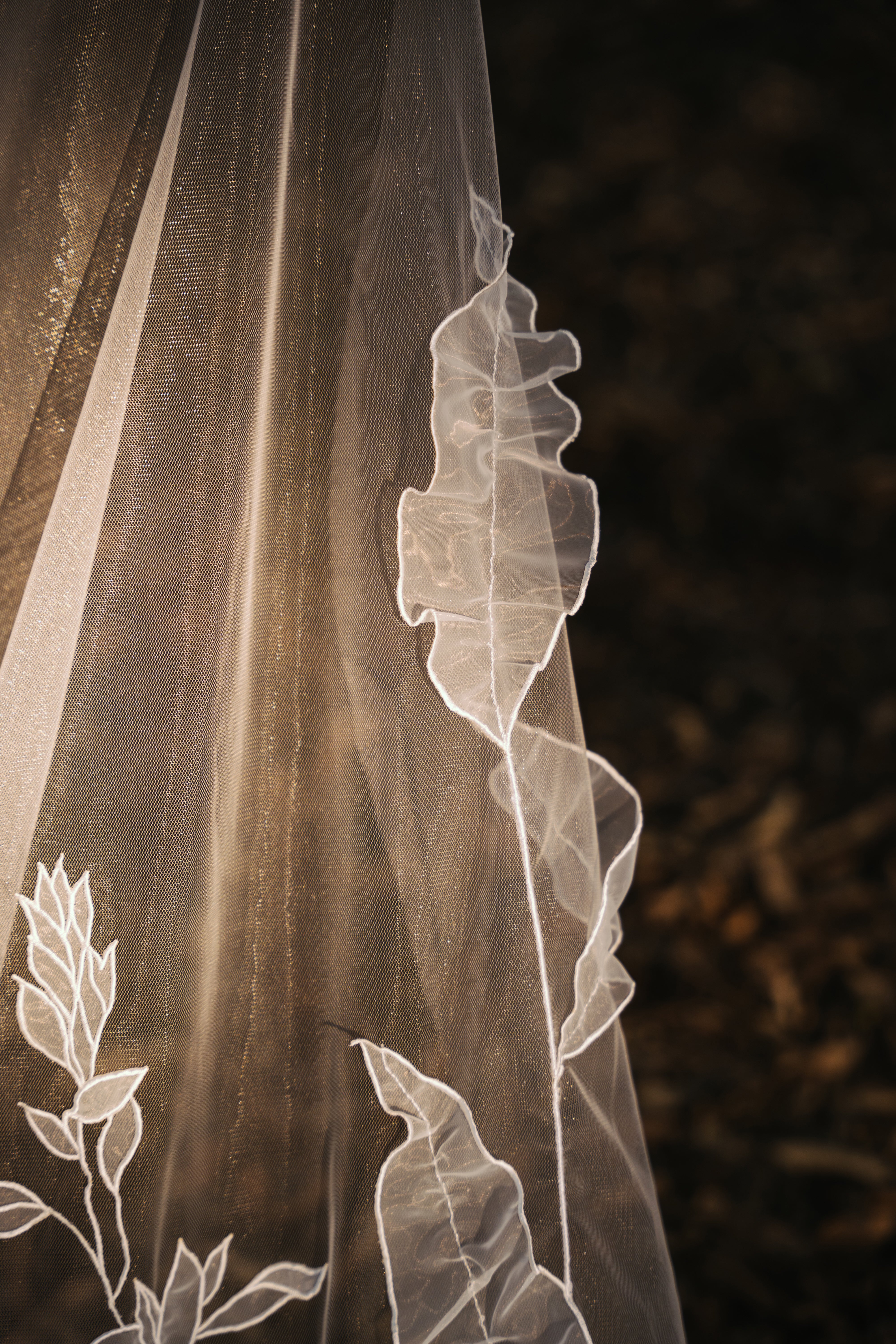 cathedral length wedding veil with 3D gloriosa flowers and embroidered peonies, handcrafted for depth and dimension, tulle and organza fabric
