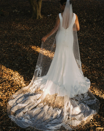 cathedral length wedding veil with embroidered gloriosa and peonies flowers, tulle and organza fabric, 3D gloriosa flowers and embroidered peonies, handcrafted for depth and dimension