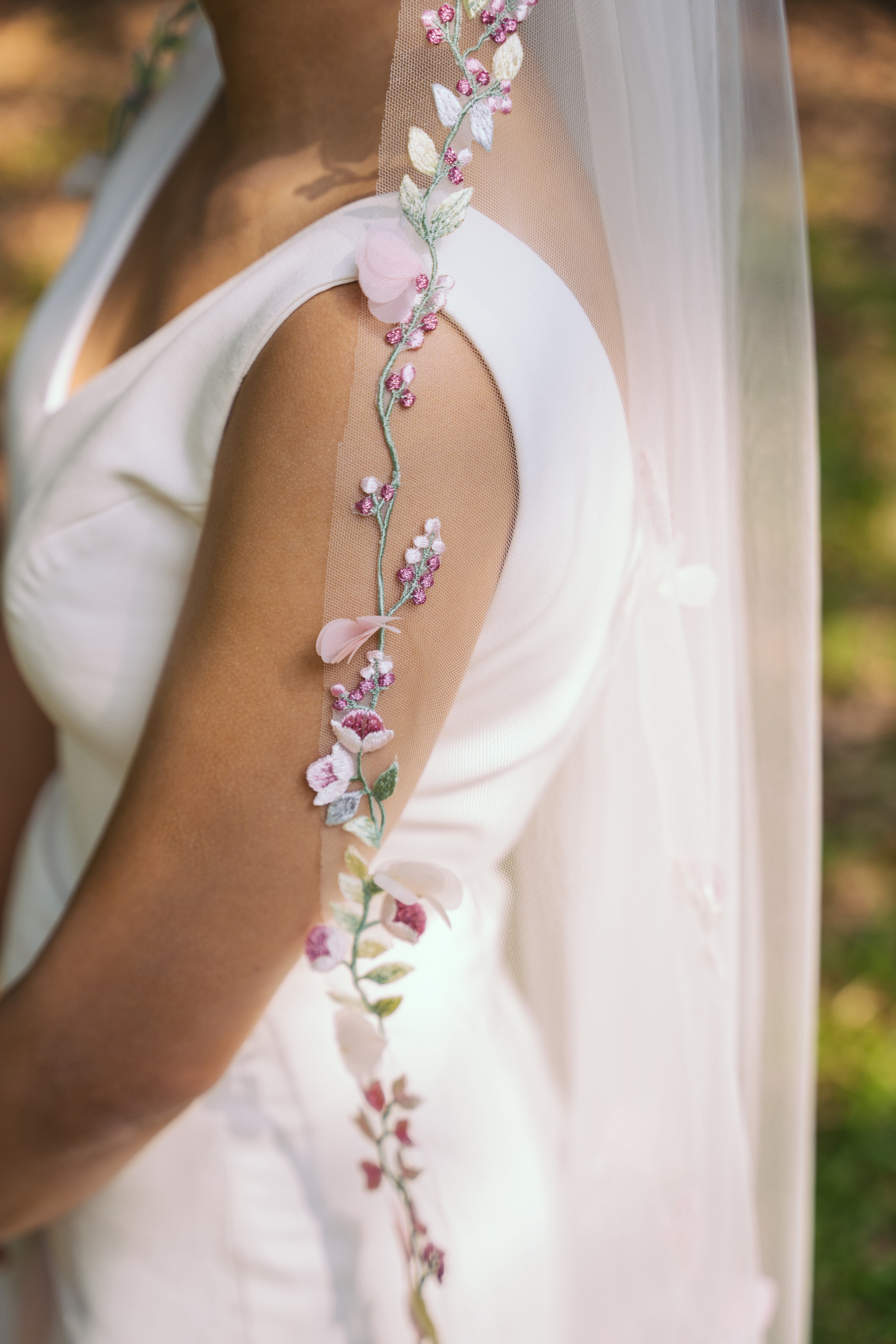 3D elegant botanical colorful petal flowers embroidery fingertip length veil, soft blush pink hue