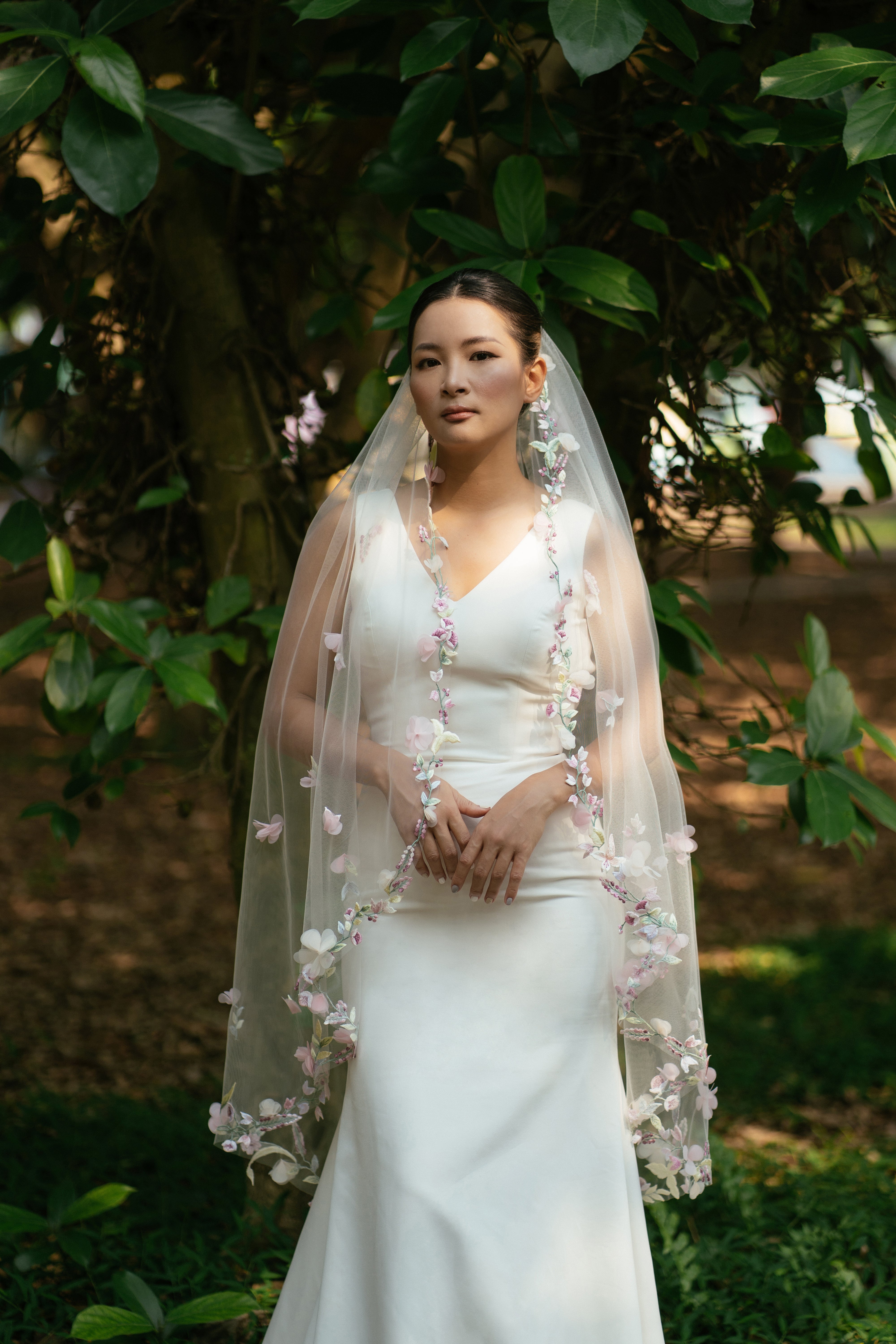 3D elegant botanical colorful petal flowers embroidery fingertip length veil, soft blush pink hue
