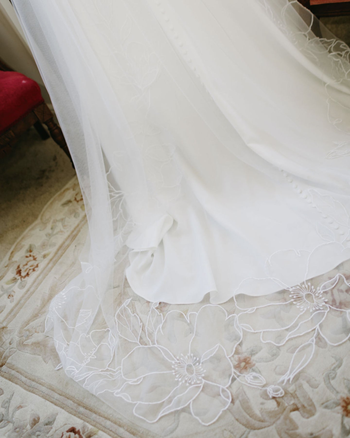 flowing train of the SOPHIA cathedral organza veil