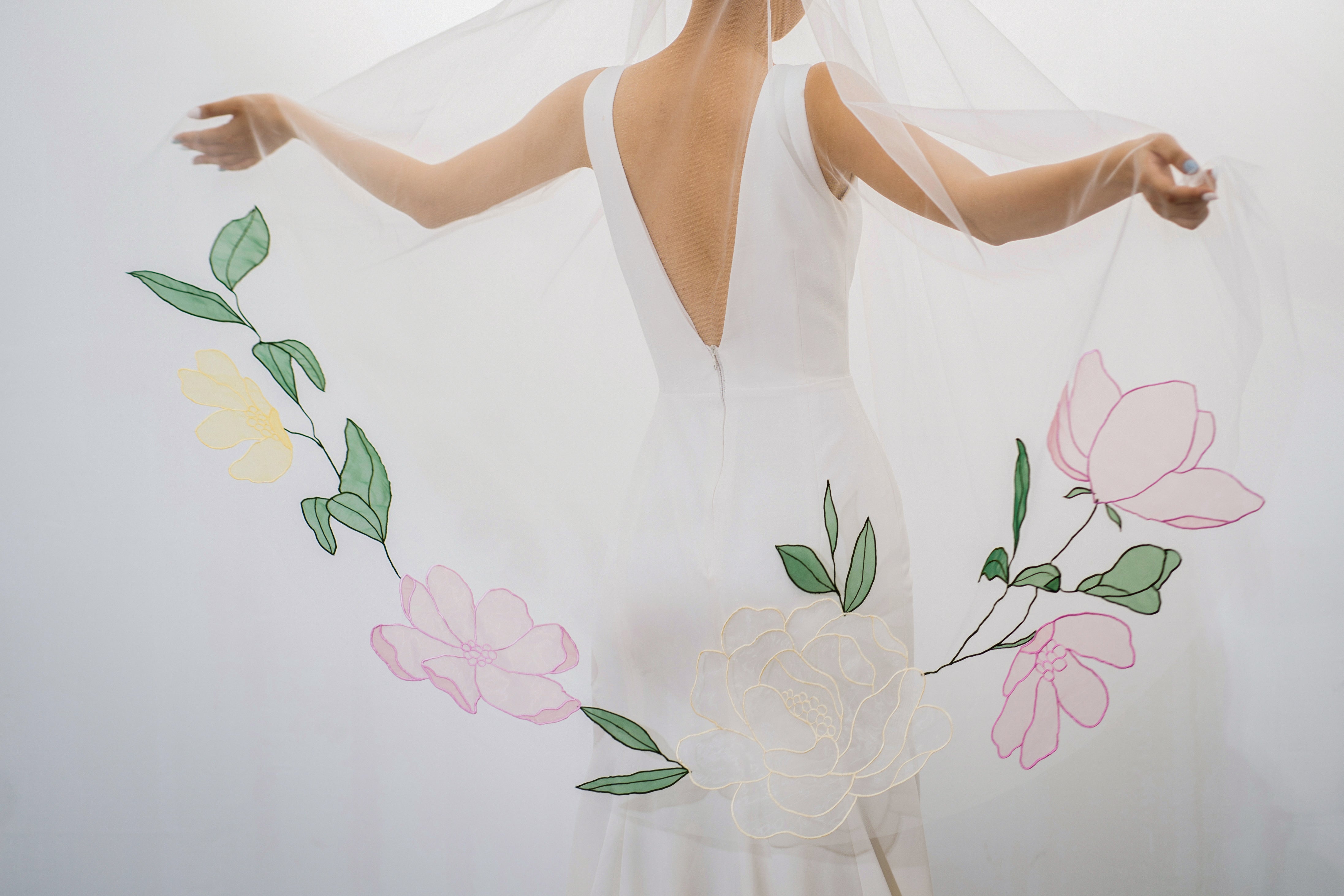 Pink and yellow floral hand-embroidered wedding veil, peony and cosmos design, bridal accessory, fingertip length, soft organza