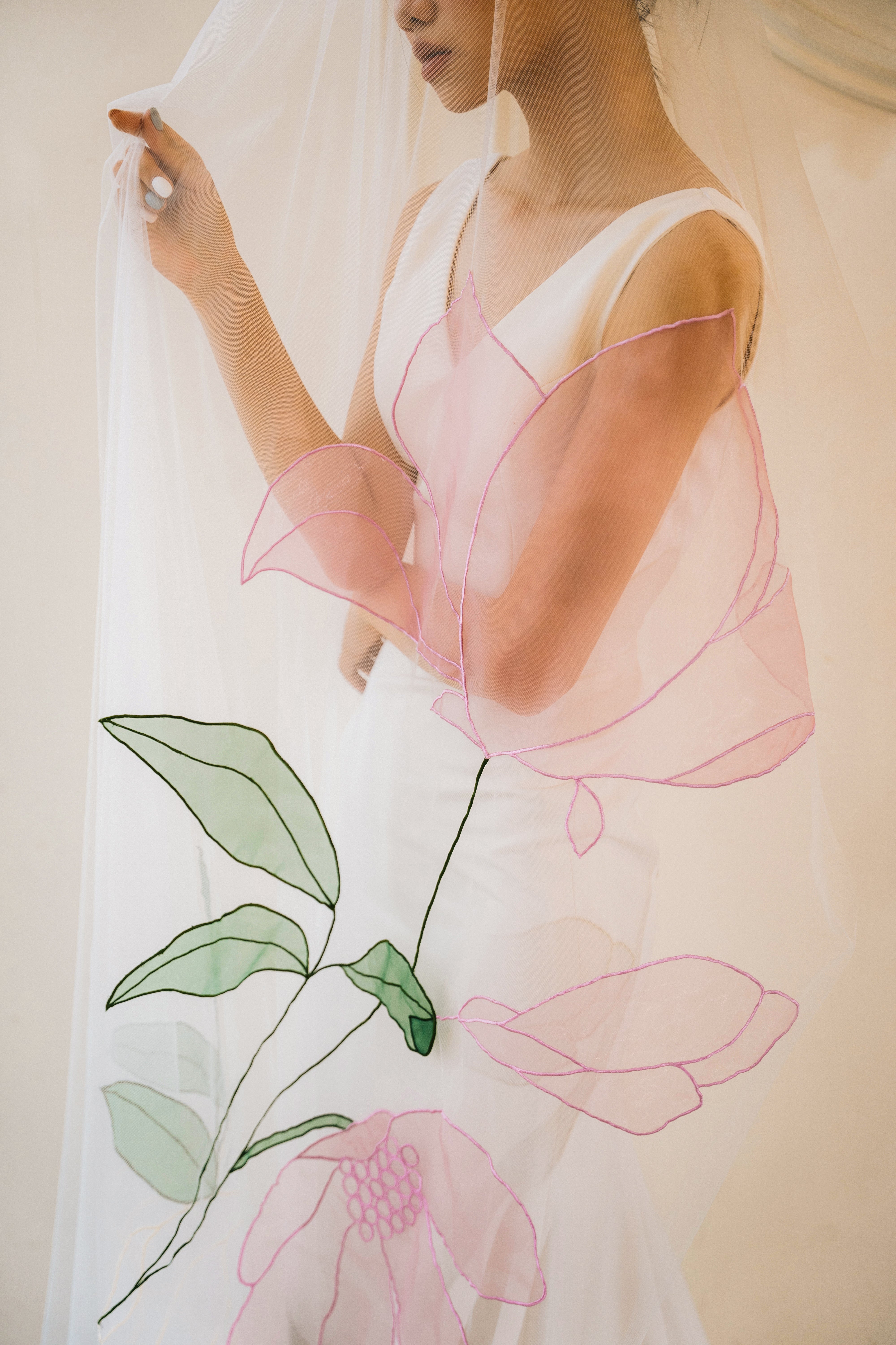 Pink and yellow floral hand-embroidered wedding veil, peony and cosmos design, bridal accessory, cathedral length, soft organza
