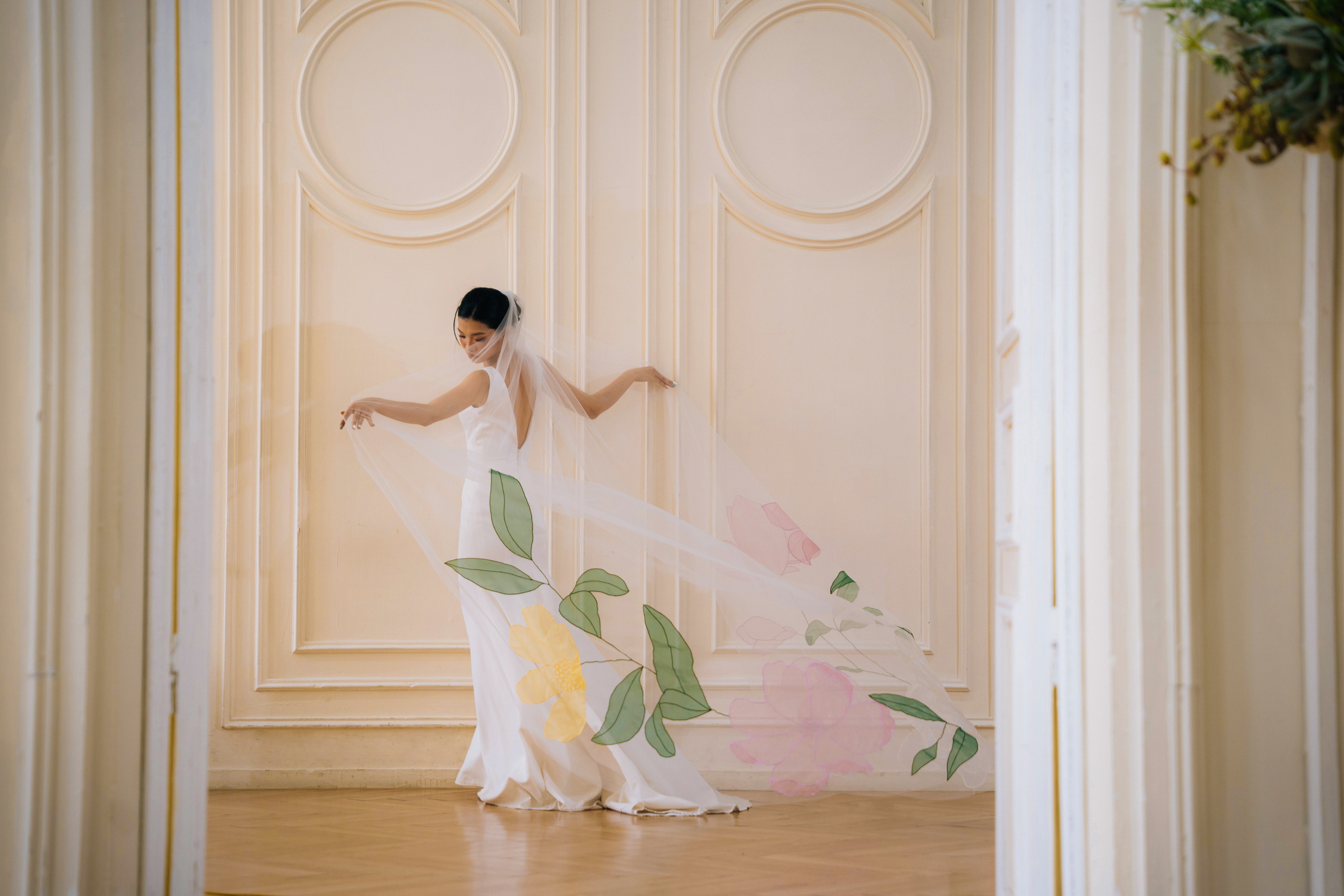 Pink and yellow floral hand-embroidered wedding veil, peony and cosmos design, bridal accessory, cathedral length, soft organza