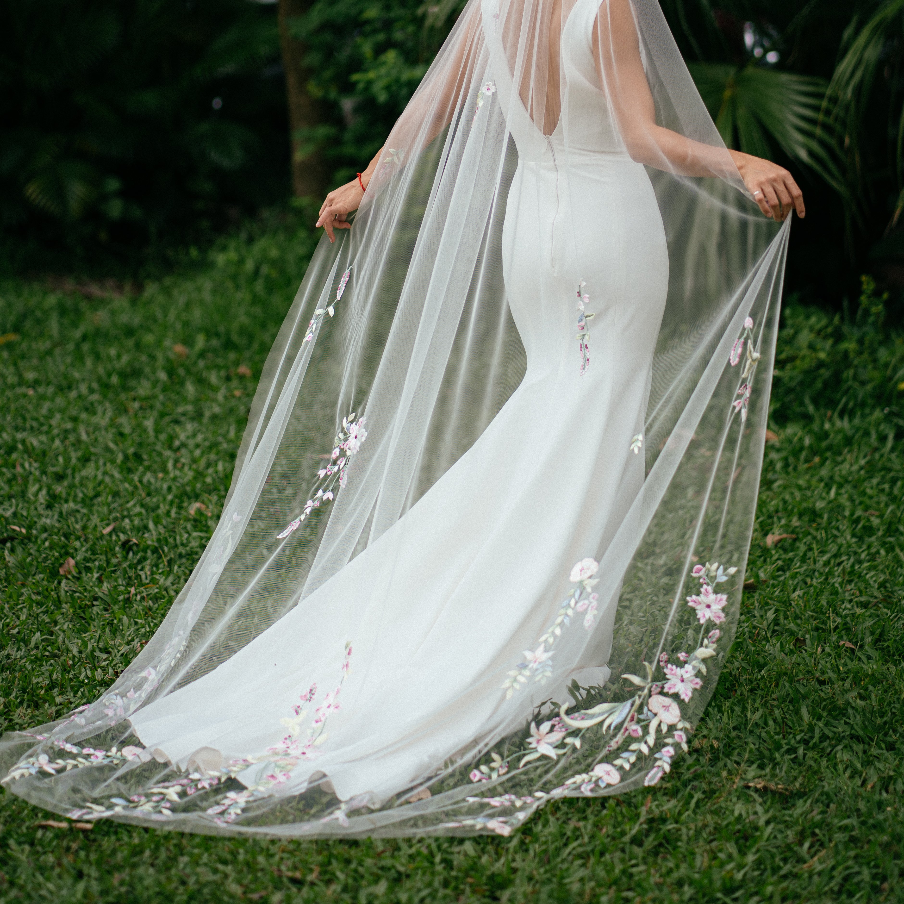 shot from behind of MARINA | Colorful embroidery wedding veil