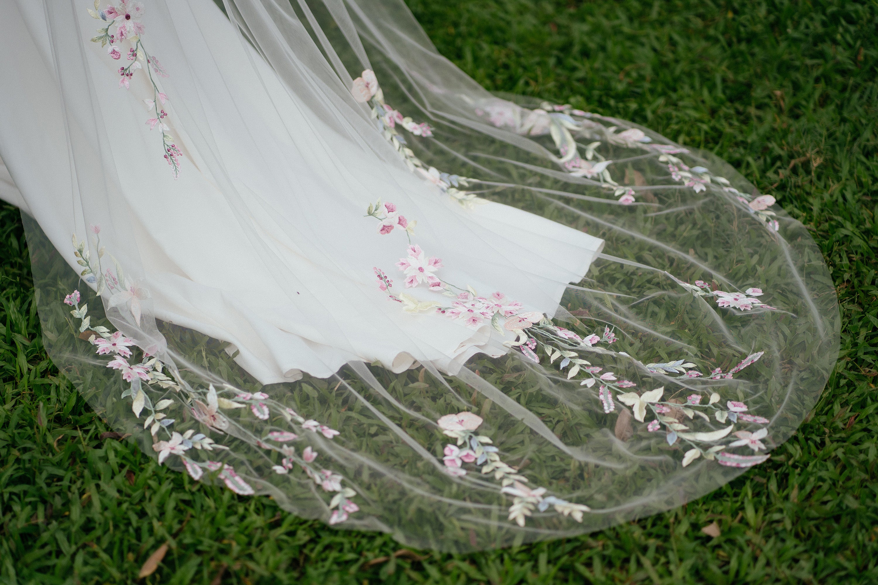 grounded shot of MARINA | Colorful embroidery wedding veil