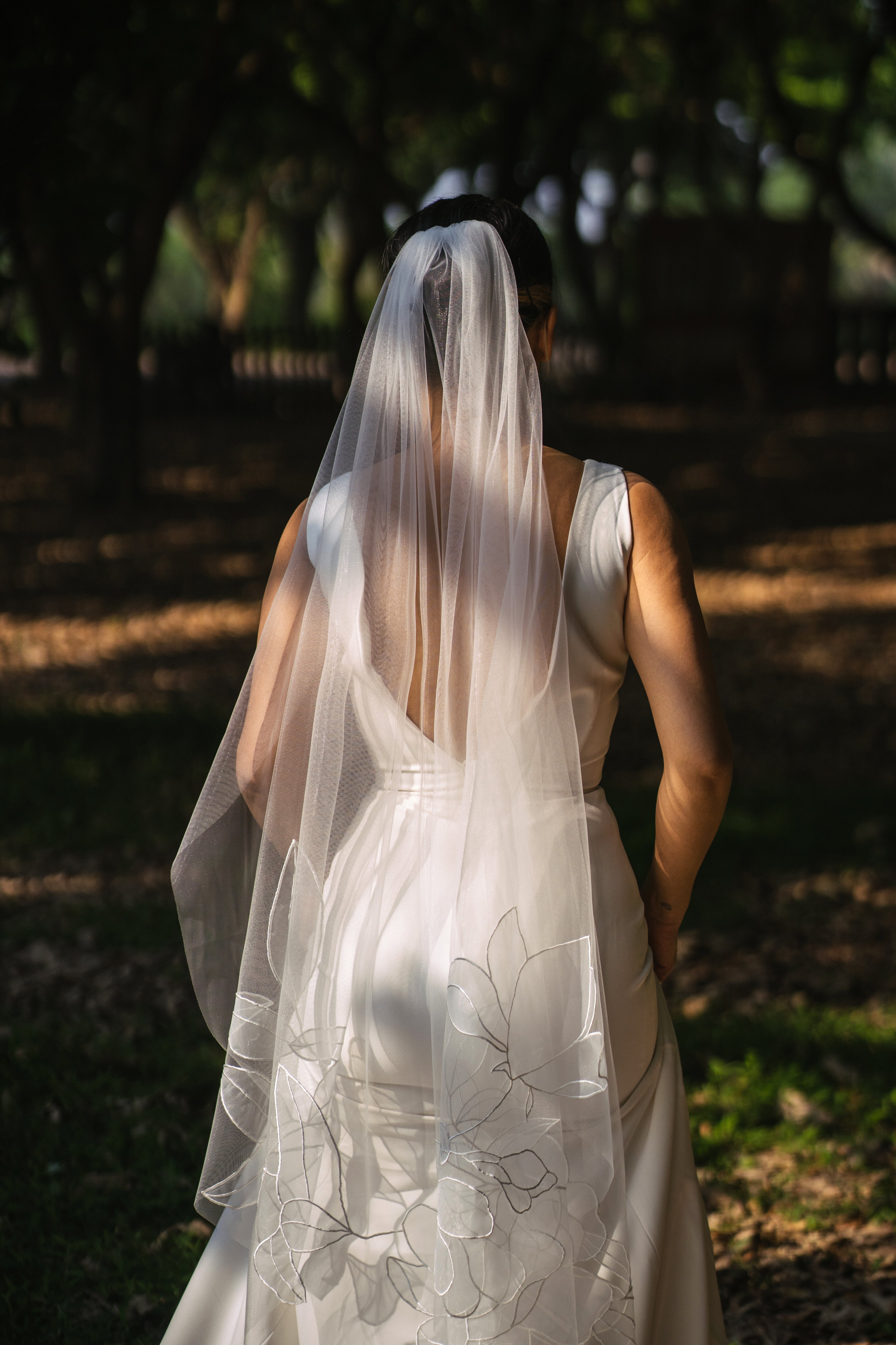 back style picture of Kaitie Fingertip Organza Embroidery Wedding Veil