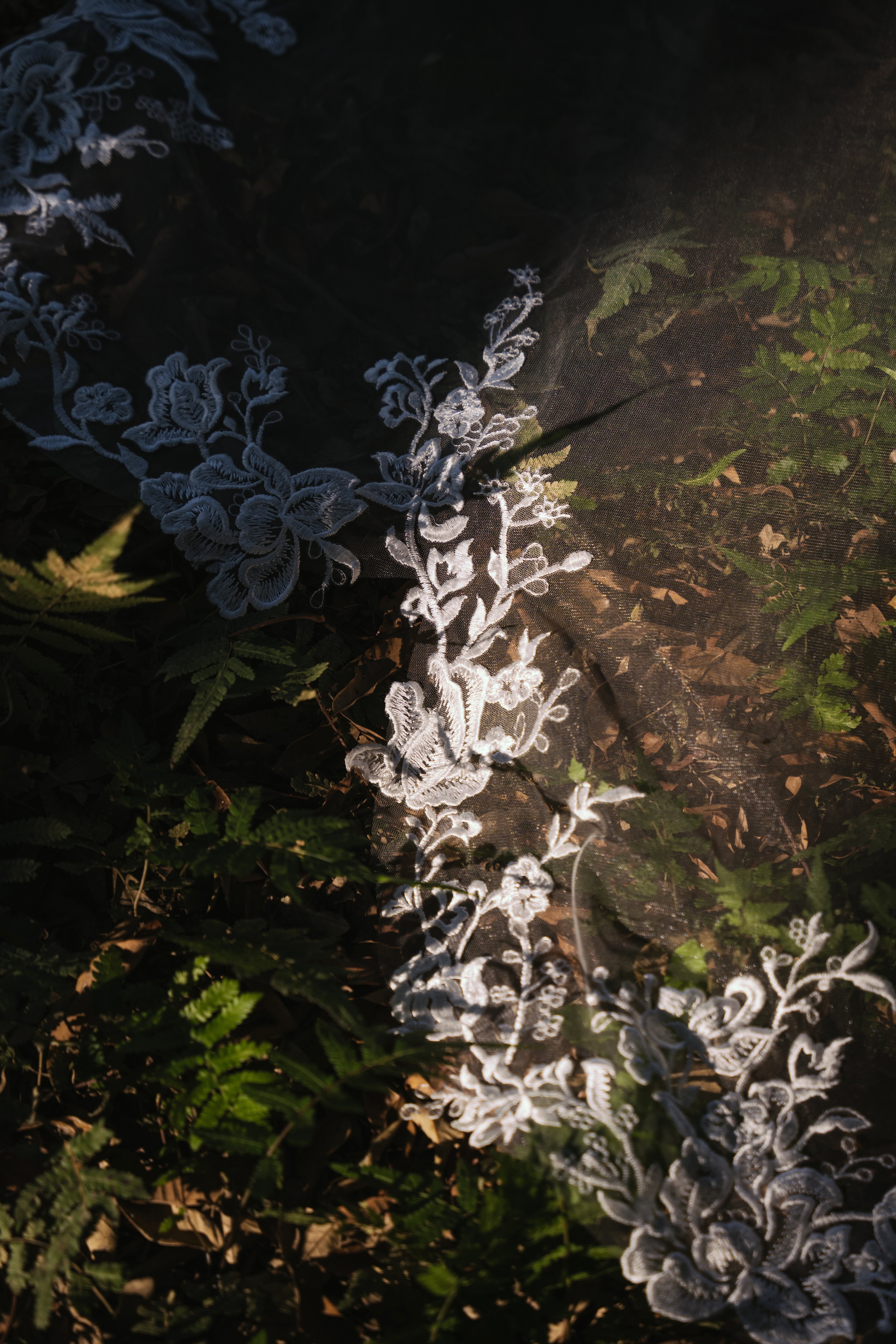 A classic chapel-length "ELA" wedding veil with ornate lace details.

