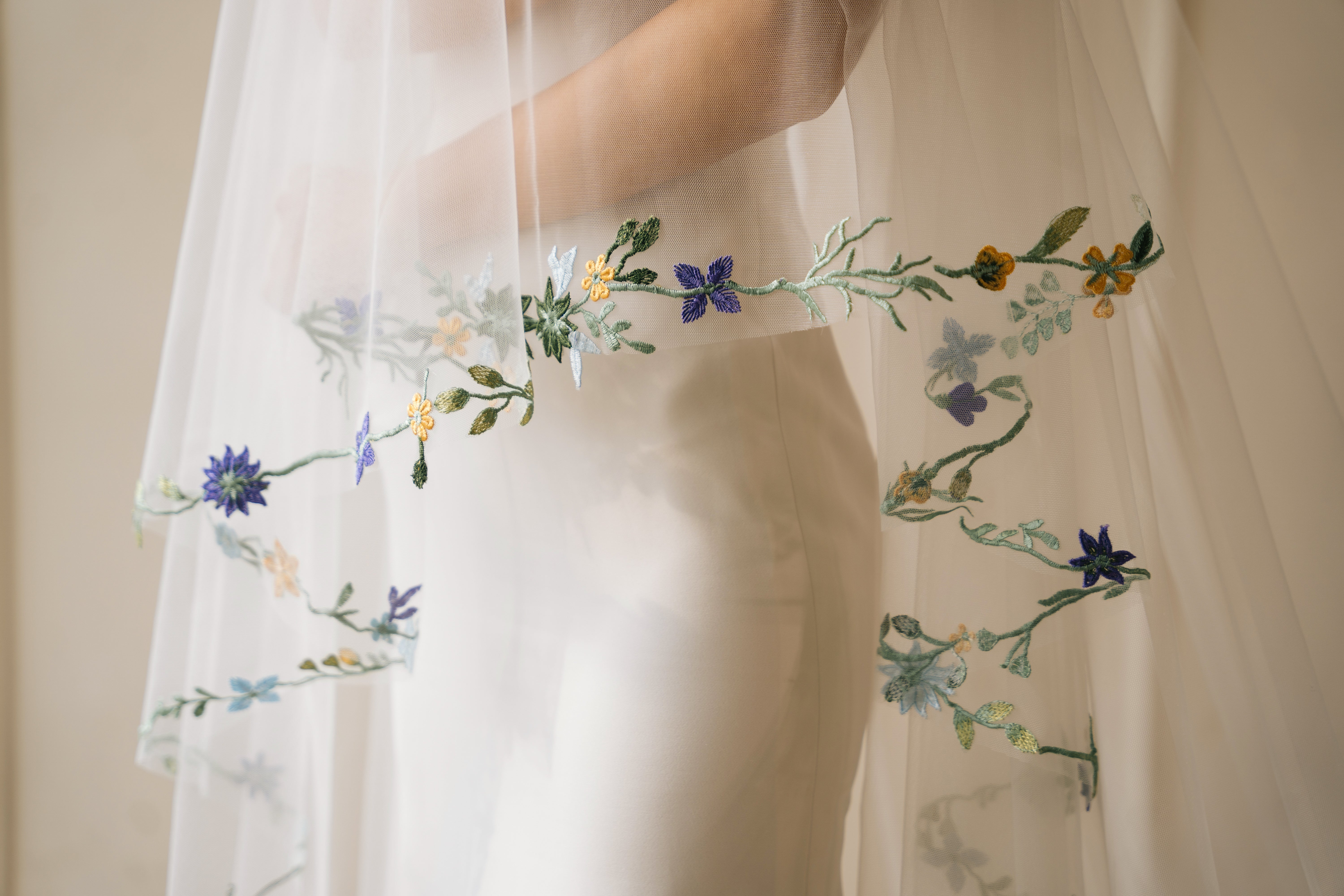 close up shot of Handcrafted Lace Floral Wedding Veil - The Ami Veil