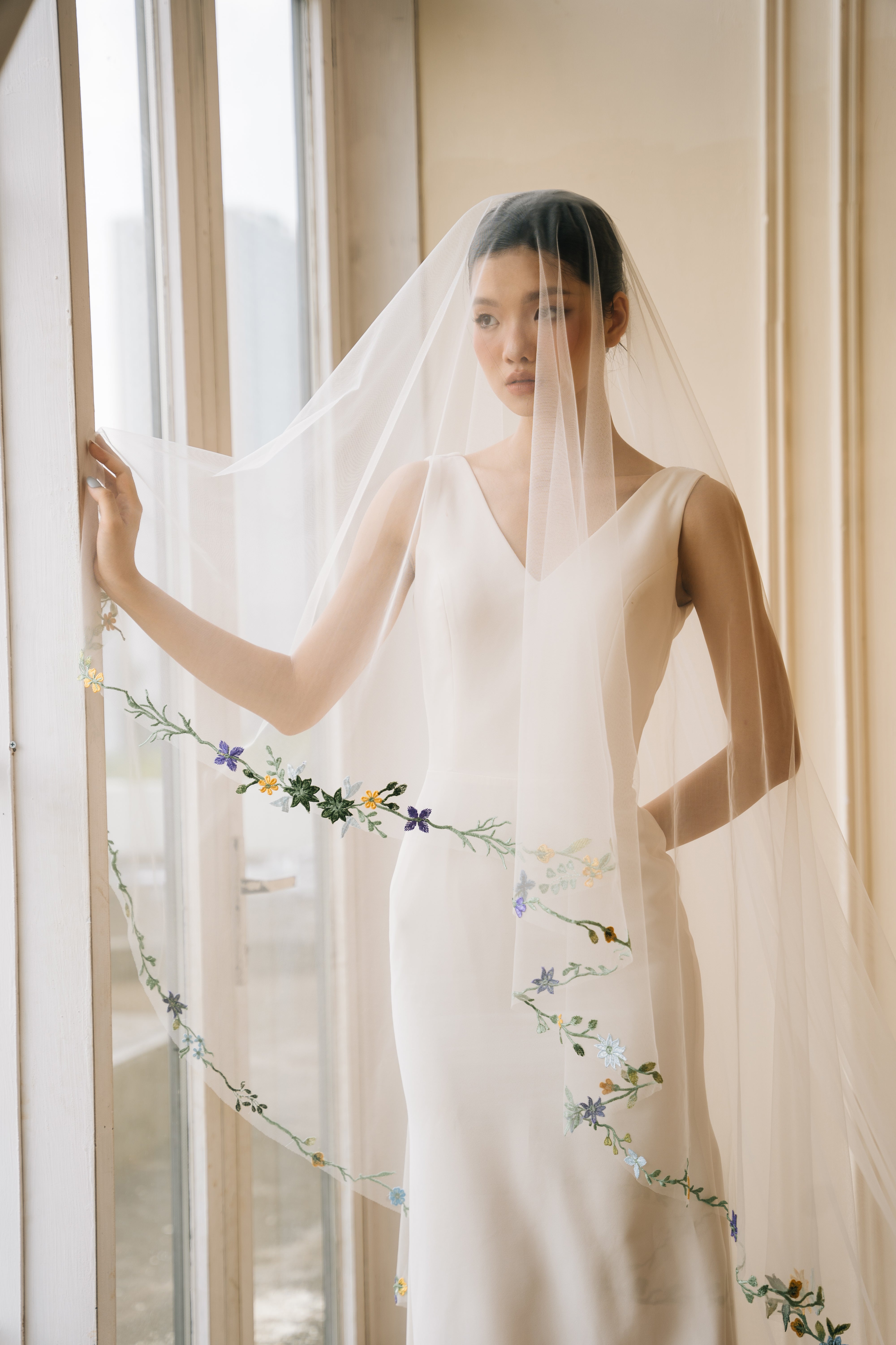 front view of Handcrafted Lace Floral Wedding Veil - The Ami Veil