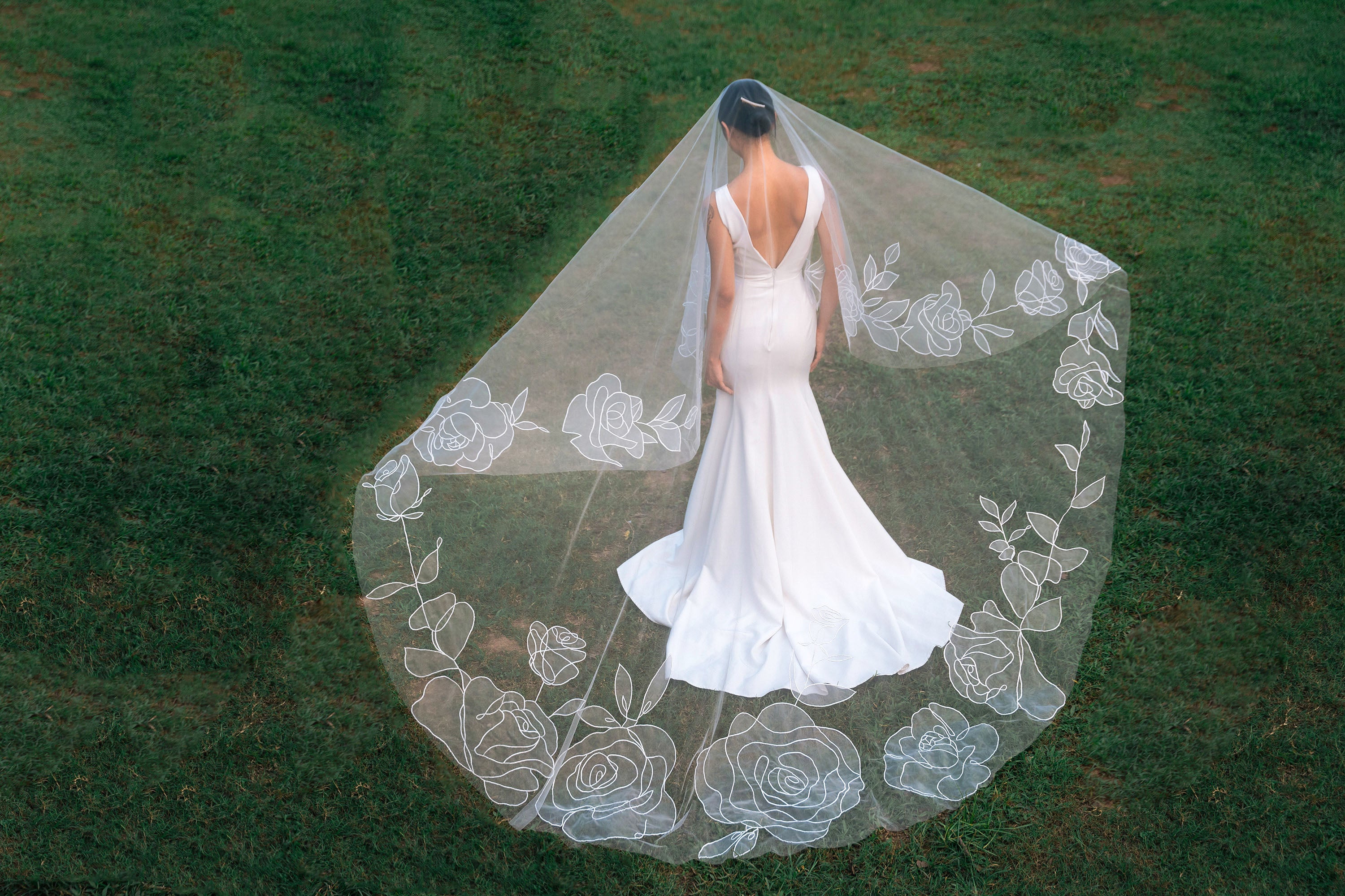 full shot from behind of bride wearing CHARLOTTE | Cathedral organza wedding veil
