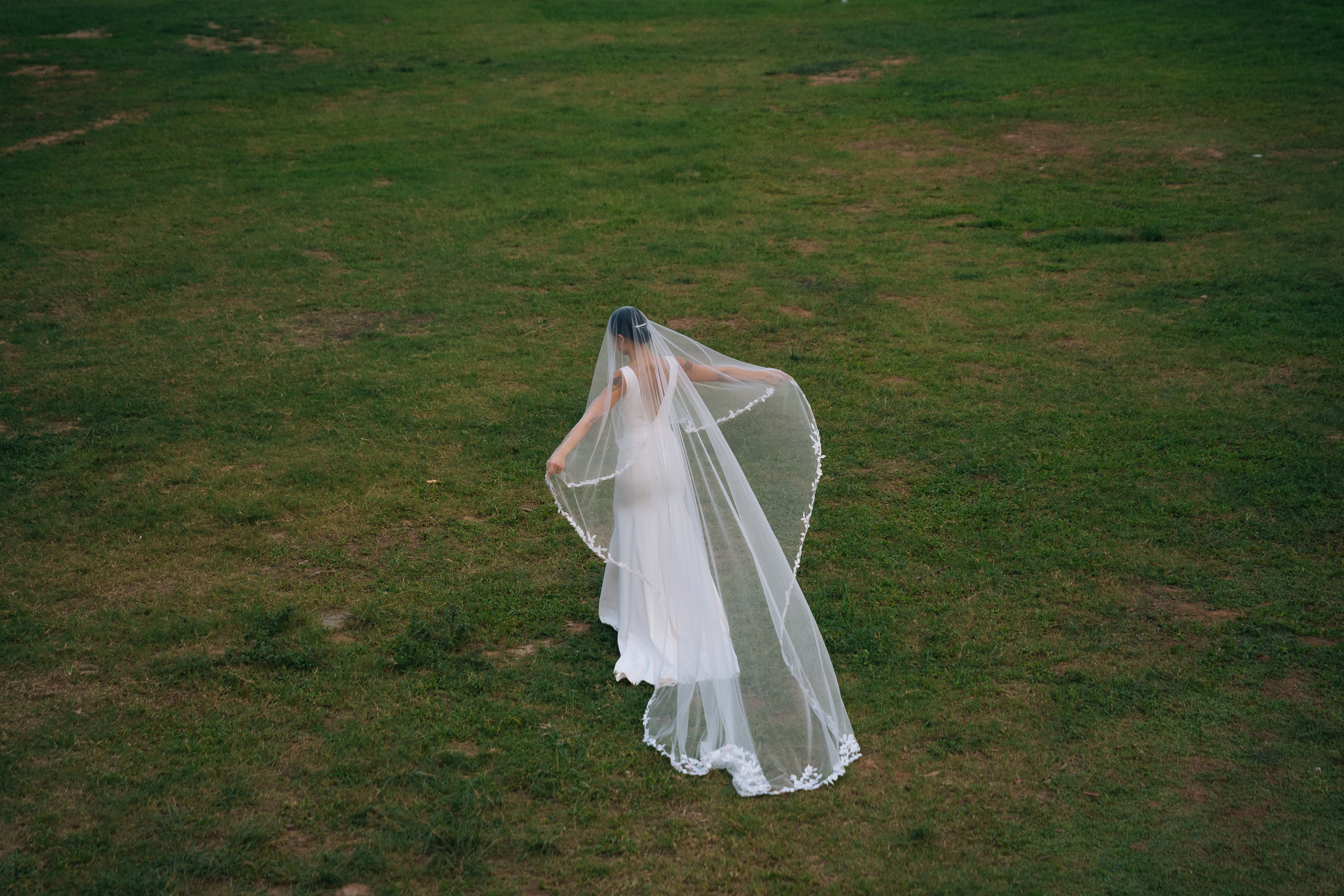 far side image of BRITTNIE Cathedral Floral Lace Veil with Blusher
