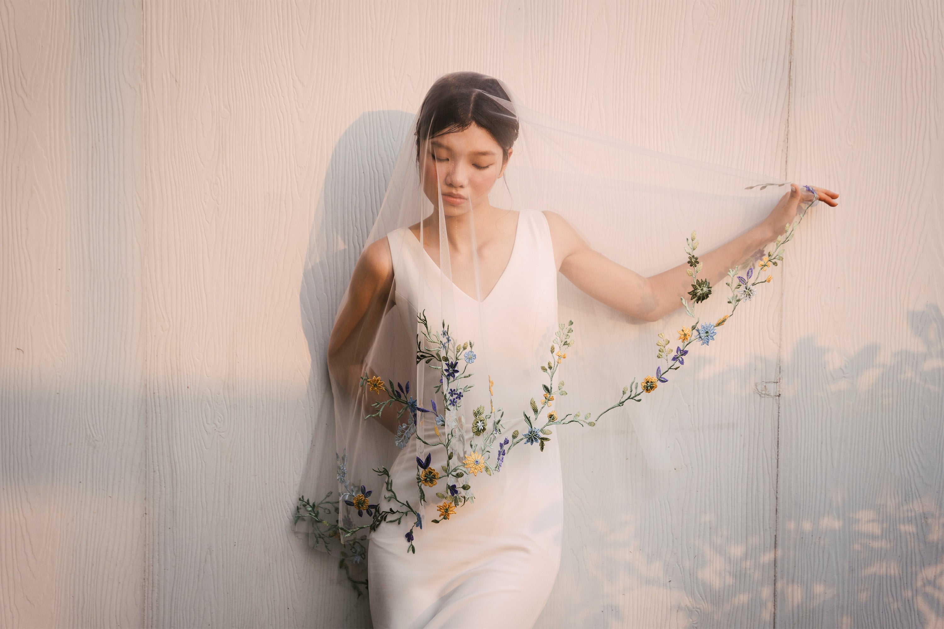front view shot of PAOLA | Colorful floral lace wedding veil
