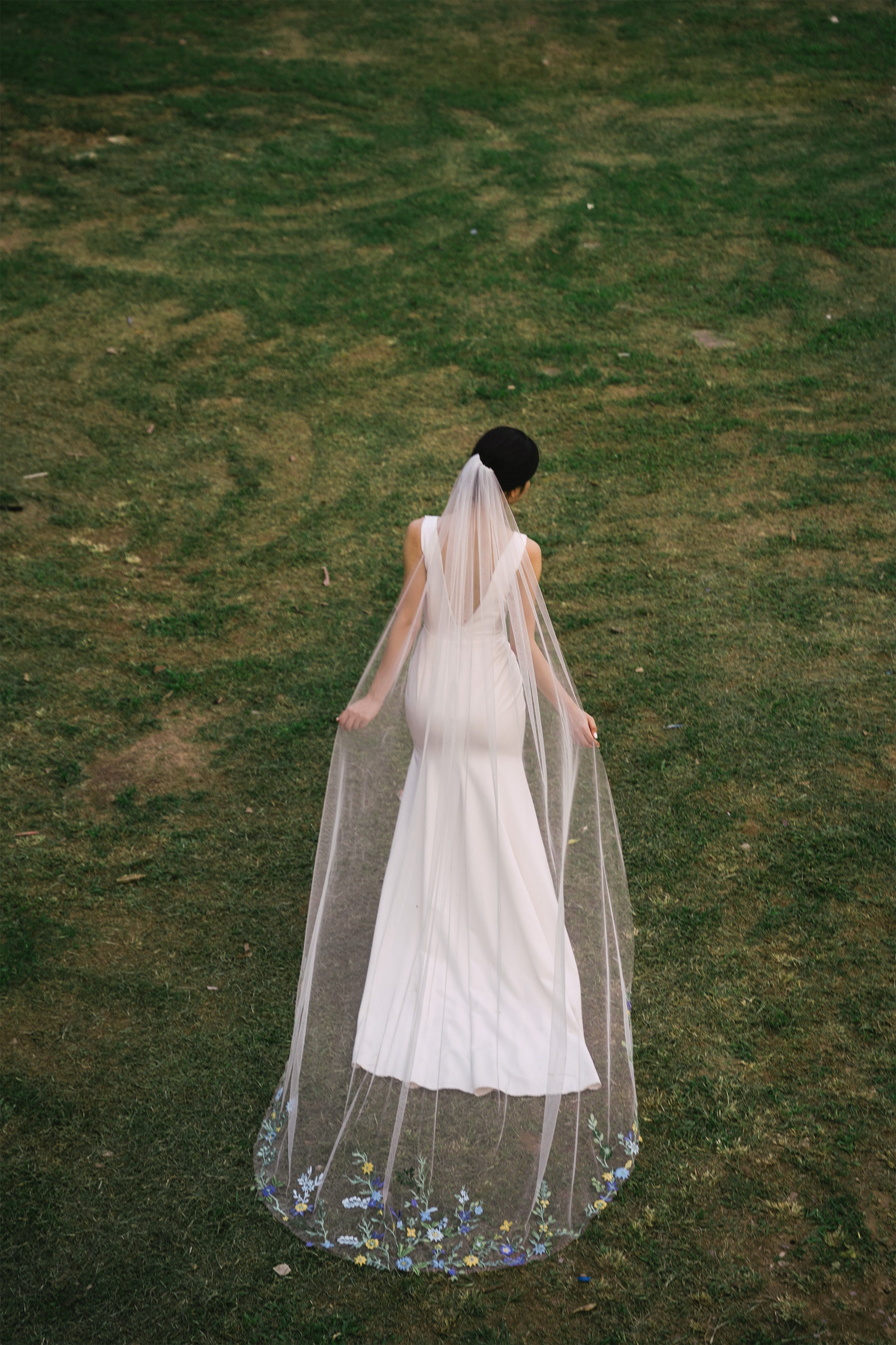 full shot from behind of PAOLA | Colorful floral lace wedding veil