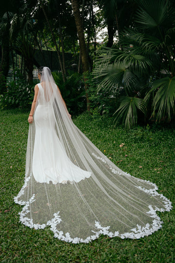 KYLIE 3D floral embroidery wedding veil, ivory tulle, clump of flower petals design, cascading to a scallop-shaped train