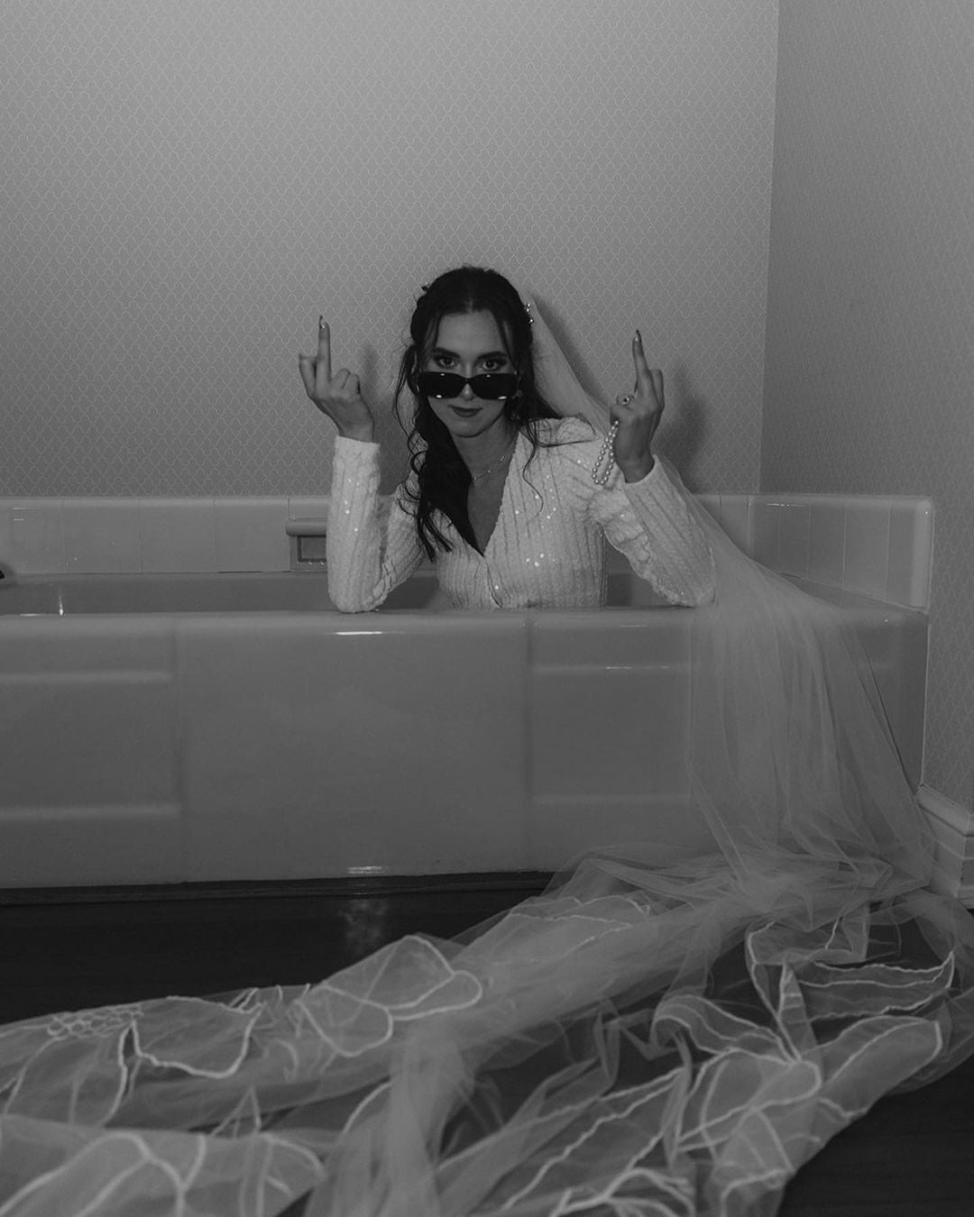 black and white Kaitie cathedral length bridal veil with floral embroidery