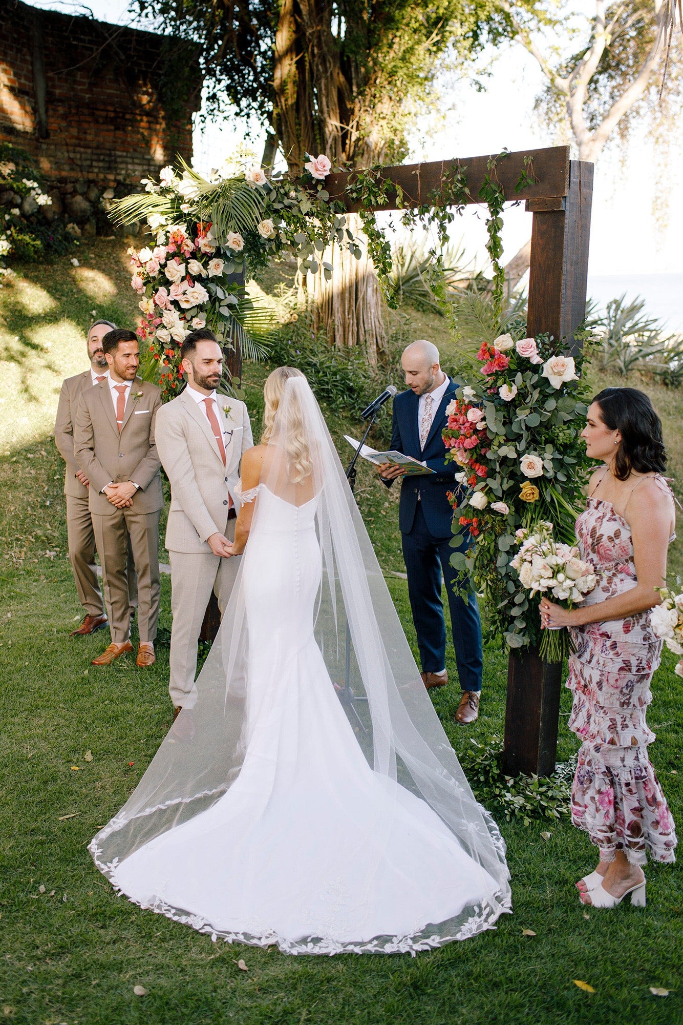 Romantic bridal look featuring Linda floral lace chapel veil