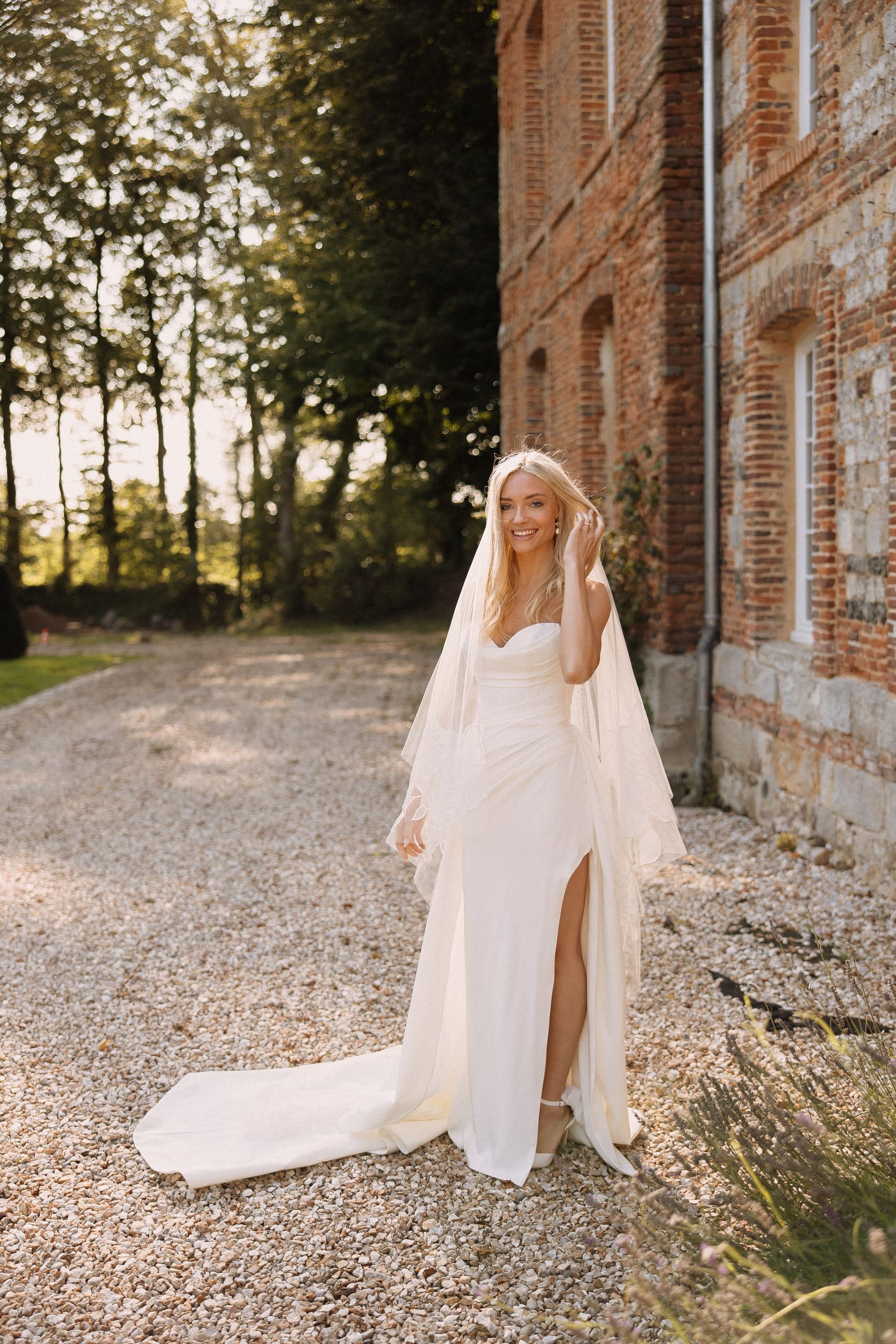 Close-up of Rosie veil organza floral embroidery details