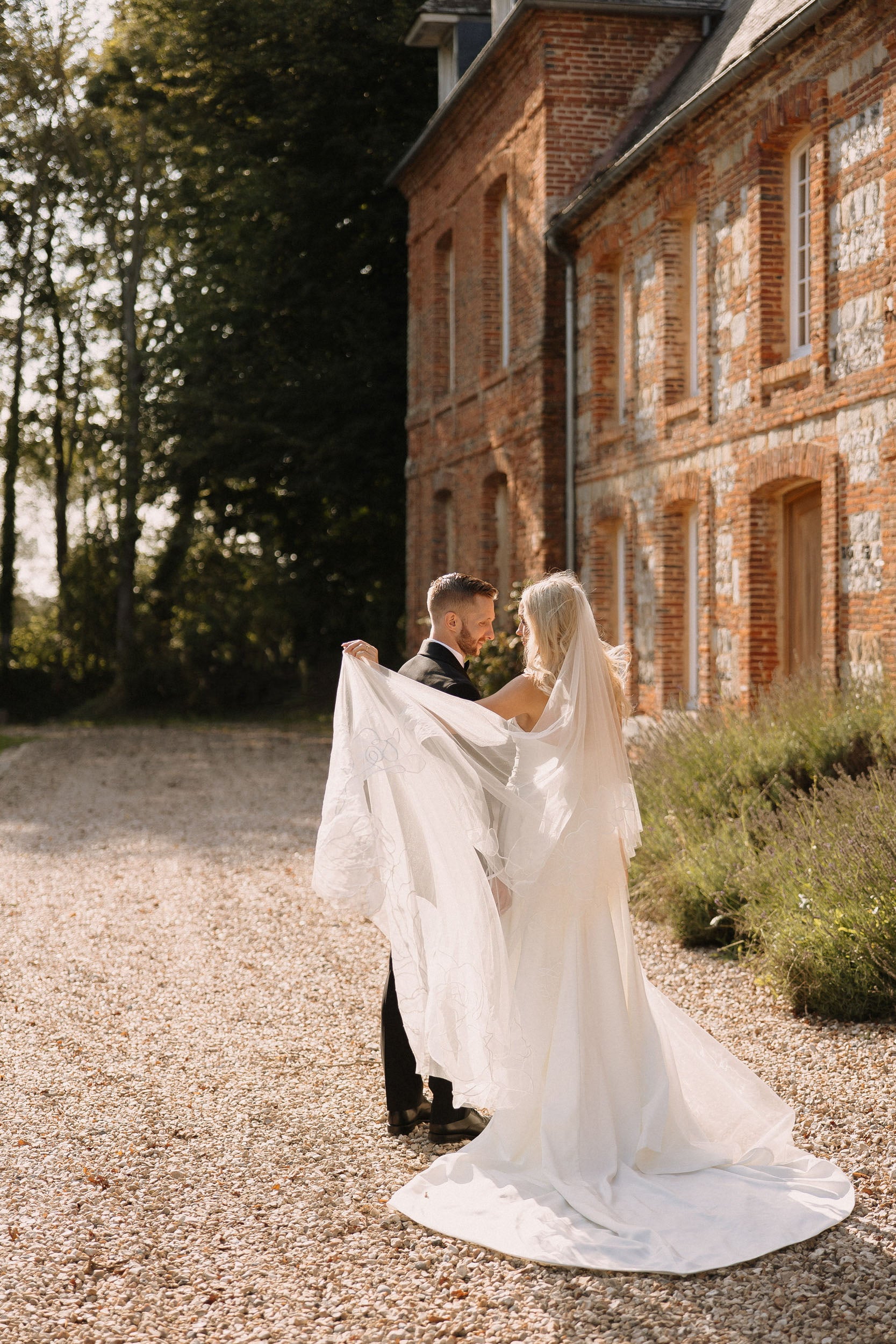 Chapel length organza floral veil Rosie design from behind