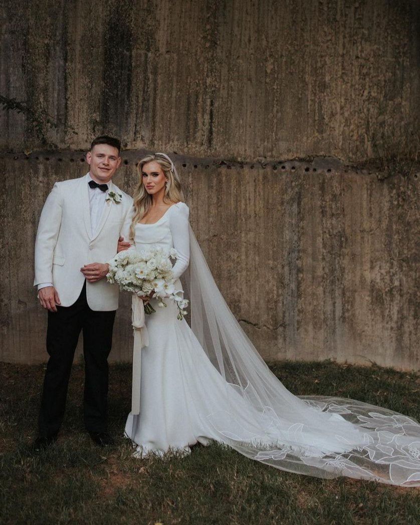 KAITIE with blusher | Drop cathedral organza embroidery floral veil/ Cathedral wedding veil/ Floral veil embroidered/ floral veil