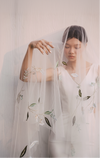 Vintage chapel length green floral embroidery wedding veil