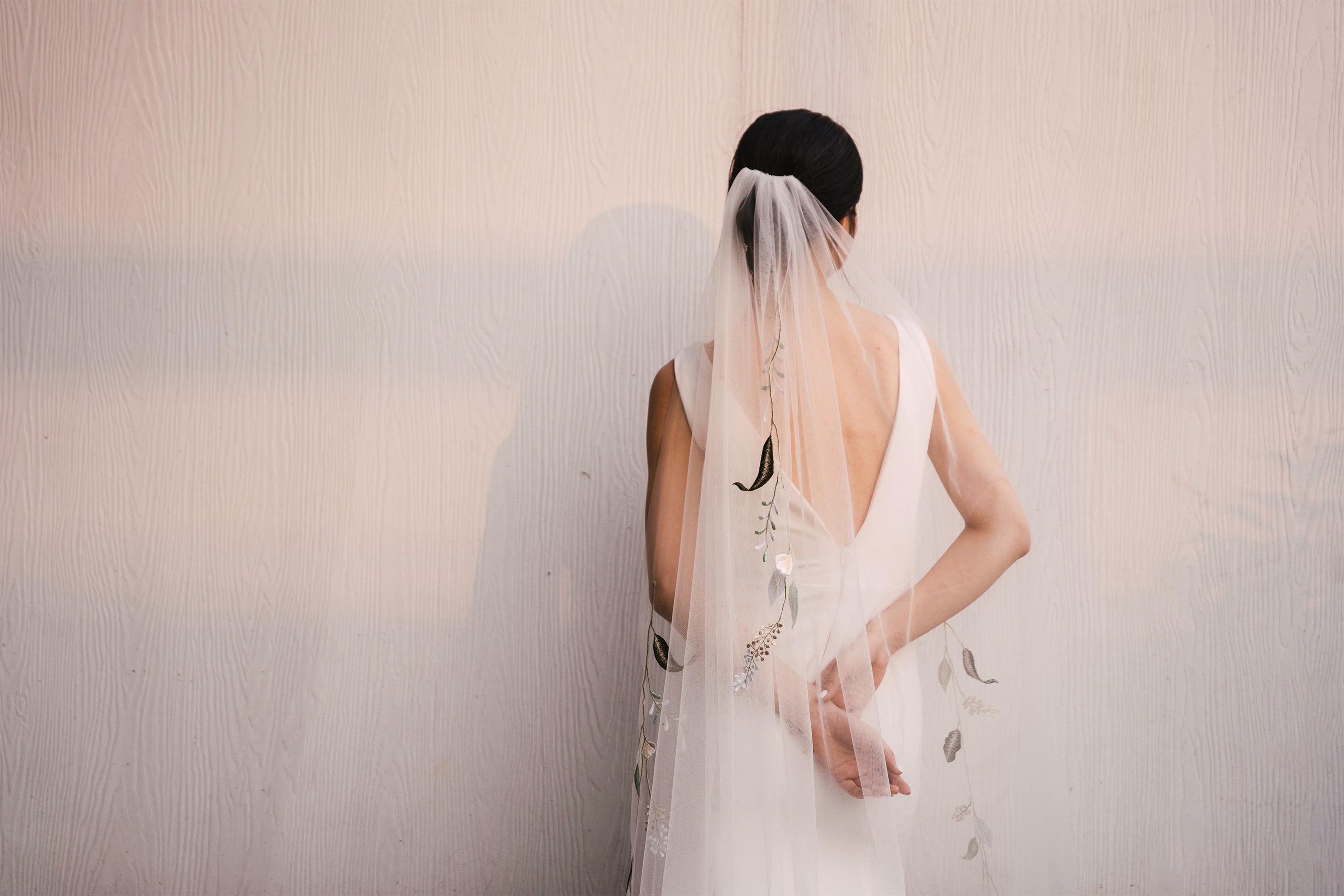 Vintage chapel length green floral embroidery wedding veil, suitable for elegant garden wedding theme