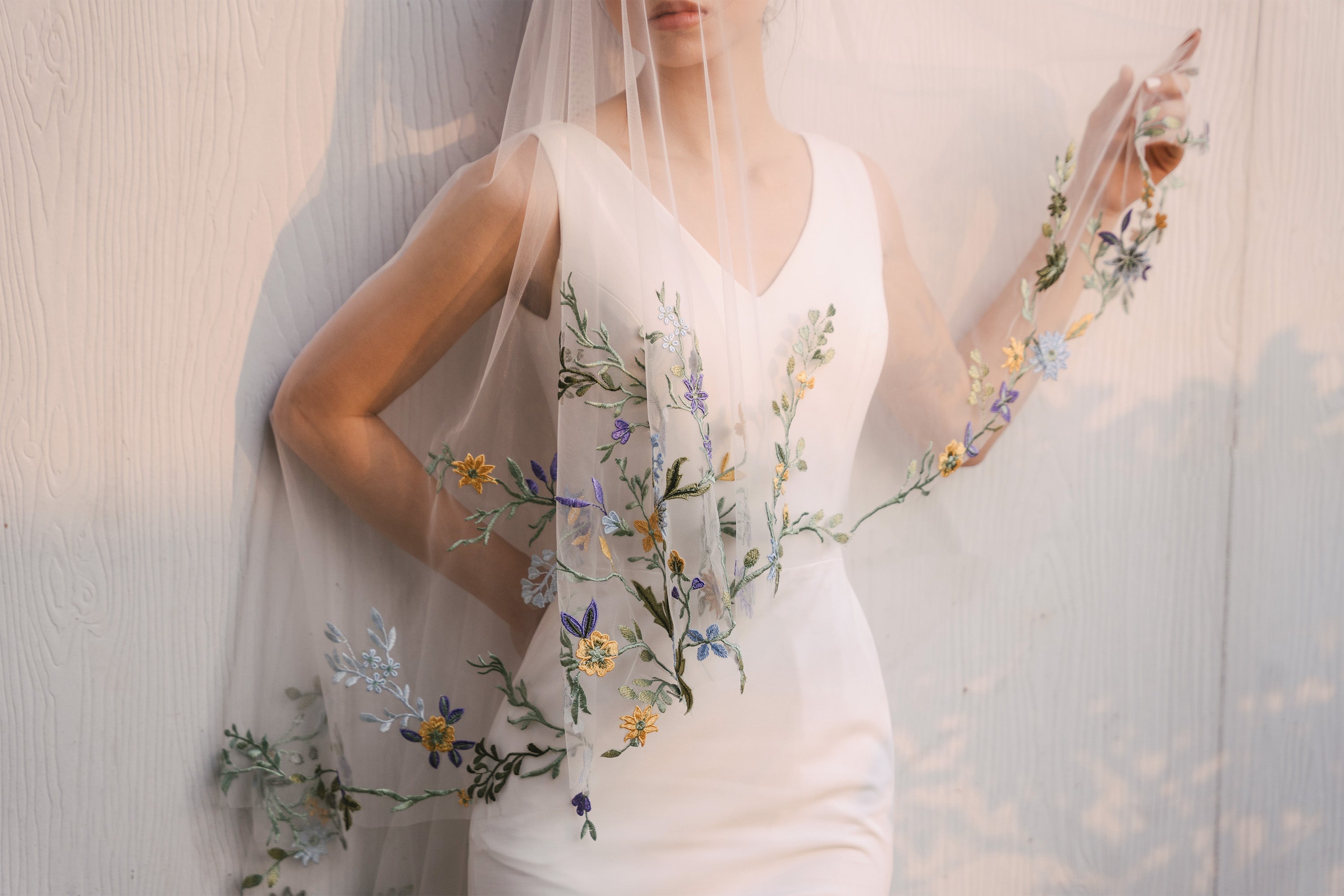 Colorful vintage rustic chapel length wedding veil, lace, soft tulle