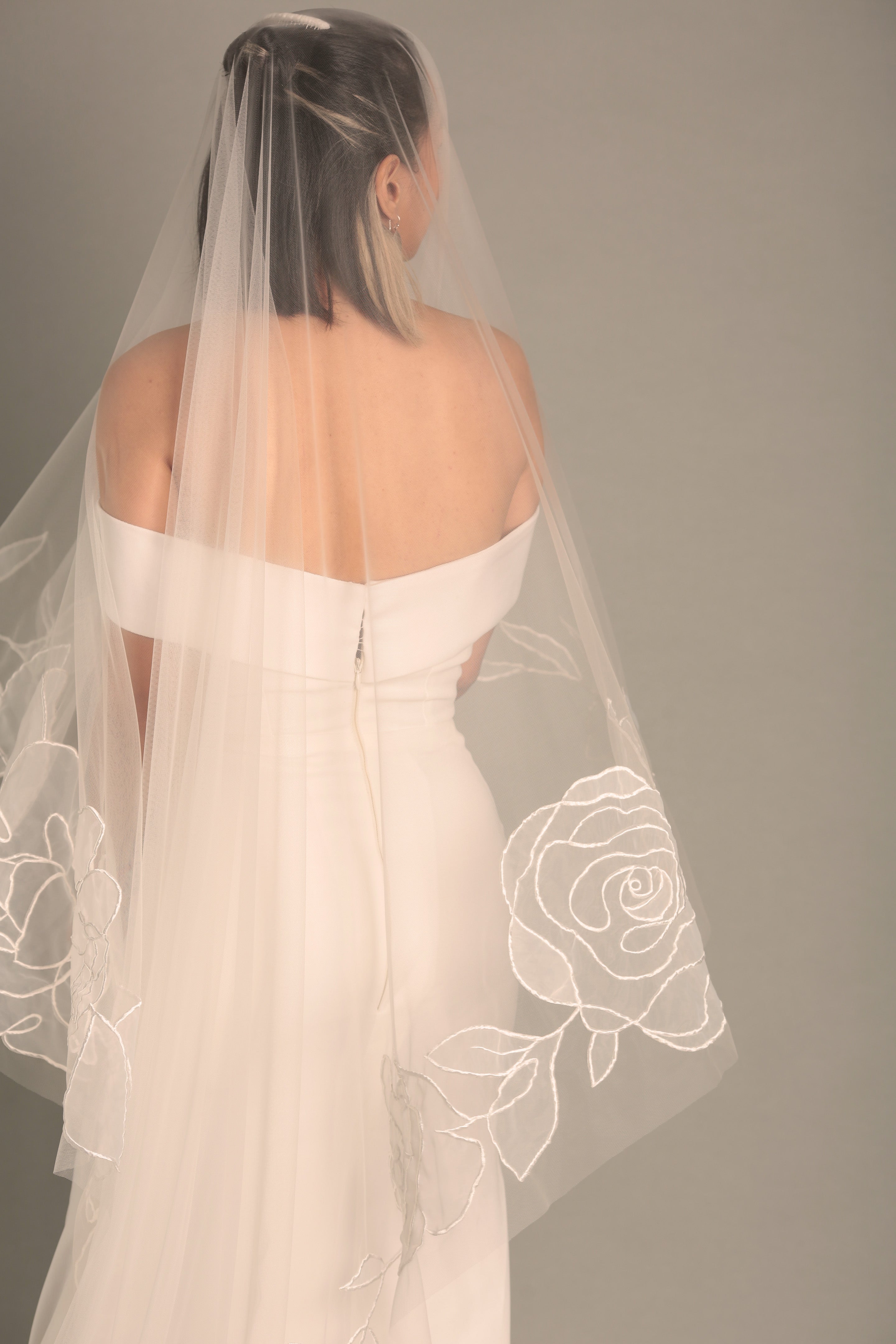 Minimal rose embroidered floral wedding veil, romantic elegant rose flower design