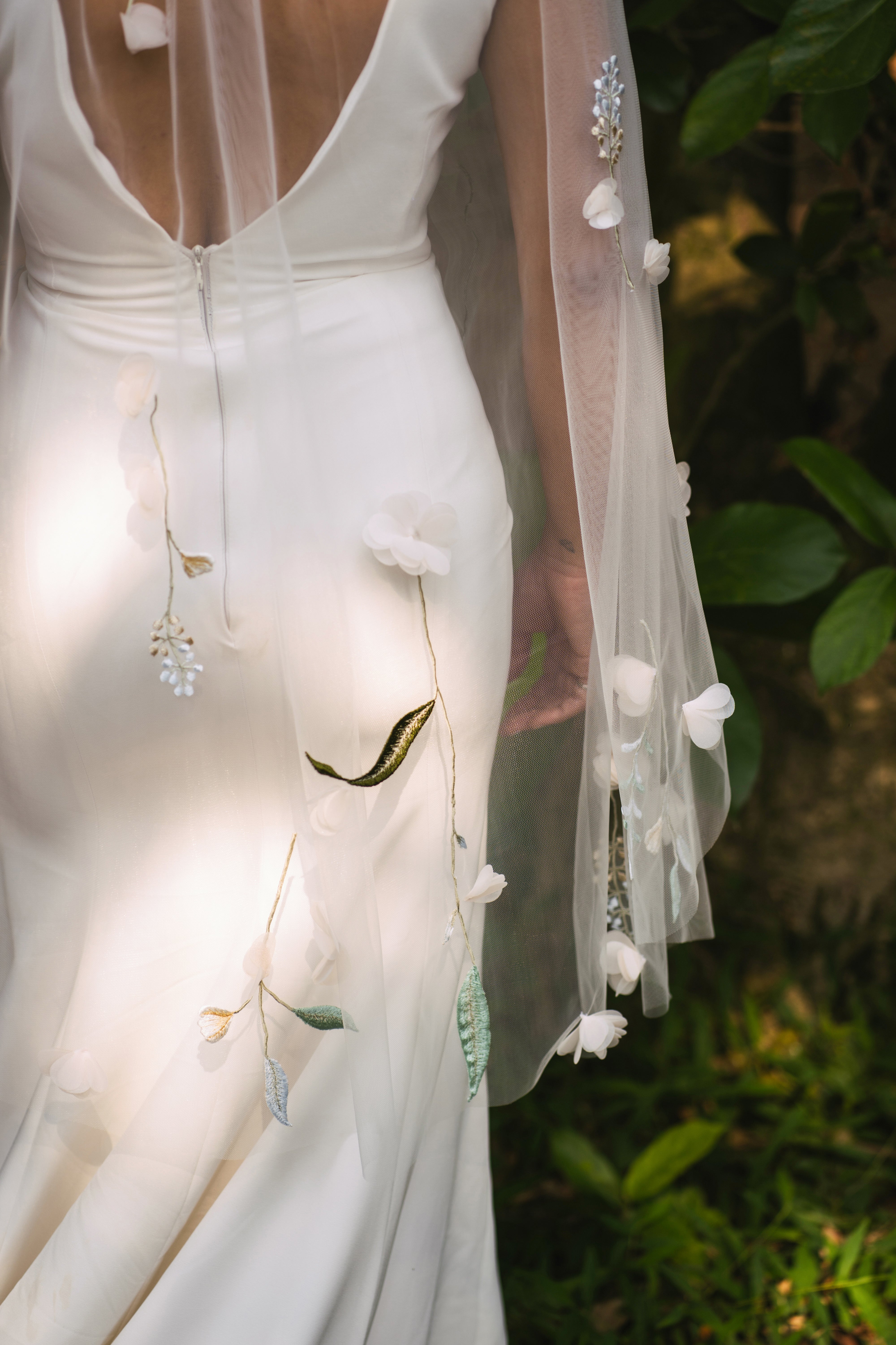 3D Floral colorful embroidery veil, fingertip-length, vintage, botanical garden wedding